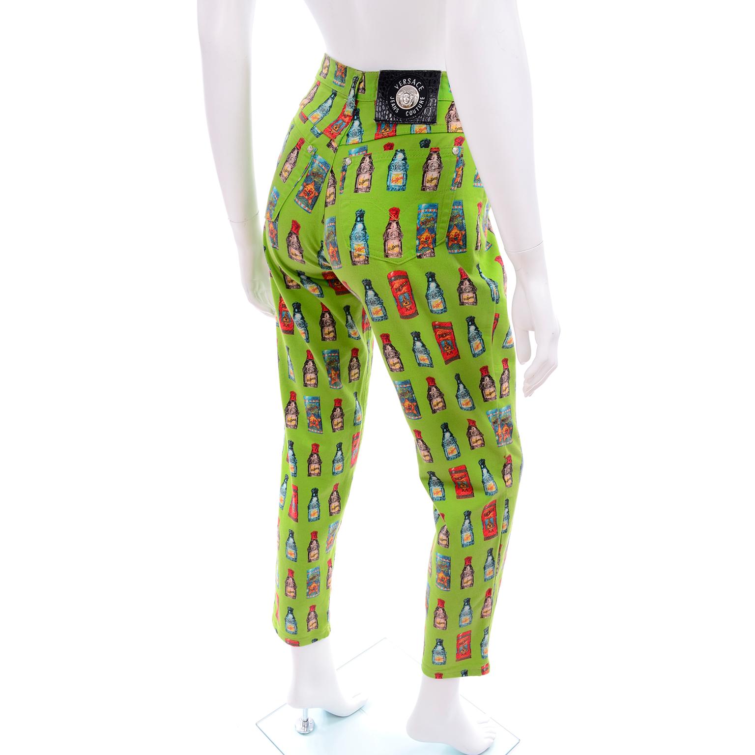 1990s Versace Jeans Couture Vintage Apple Green Bottle Print High Waist Pants In Good Condition For Sale In Portland, OR