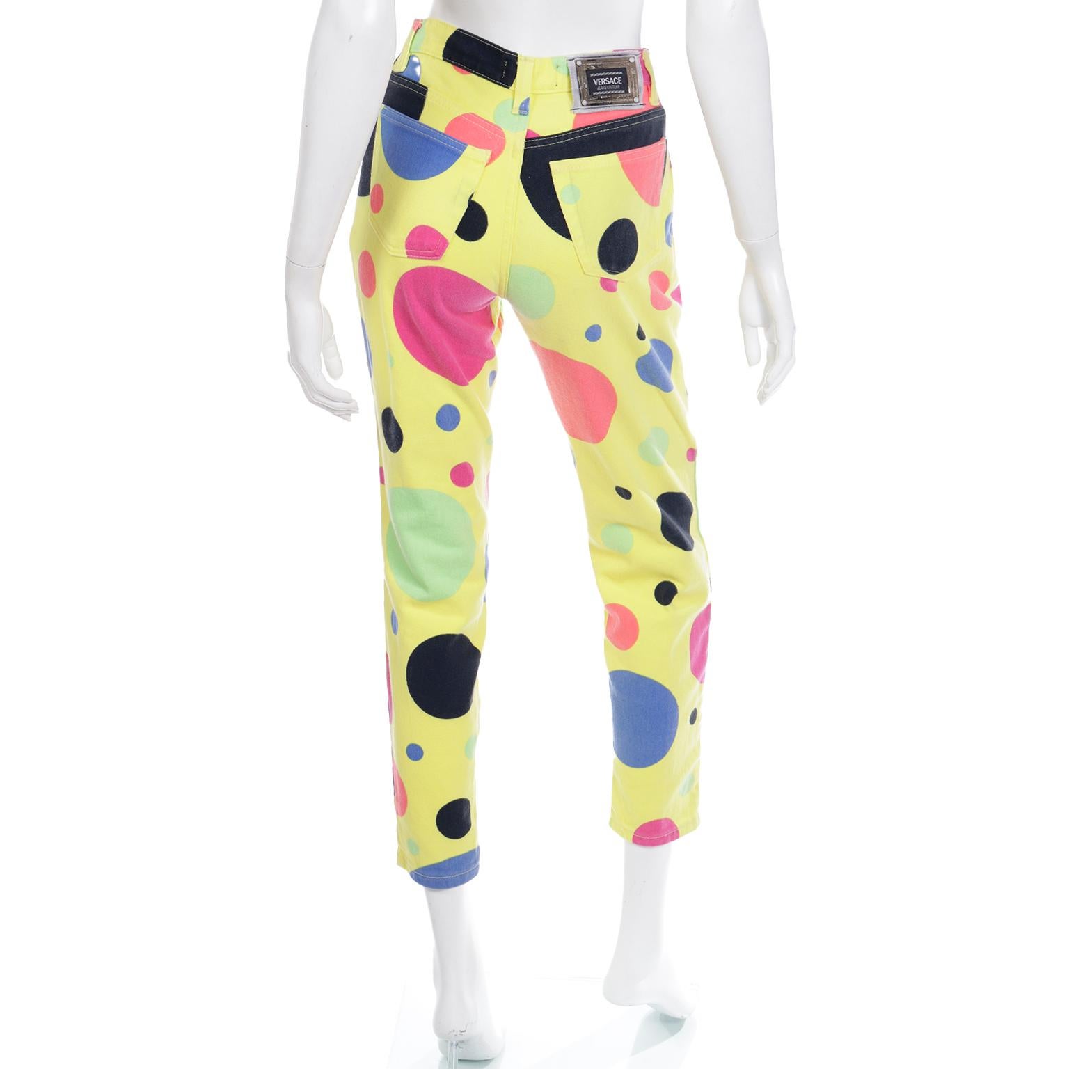 Women's 1990s Versace Jeans Couture Yellow Pants With Multi Colored Polka Dots For Sale