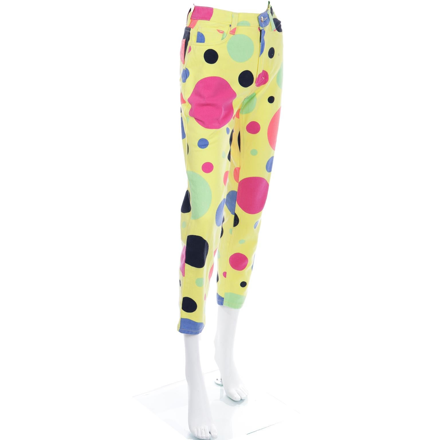 1990s Versace Jeans Couture Yellow Pants With Multi Colored Polka Dots For Sale 1