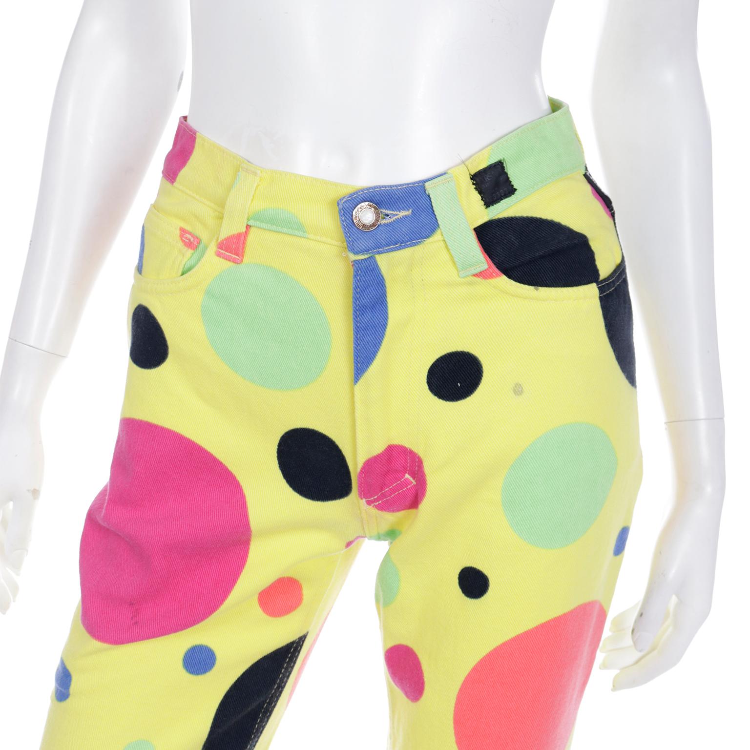 1990s Versace Jeans Couture Yellow Pants With Multi Colored Polka Dots For Sale 2