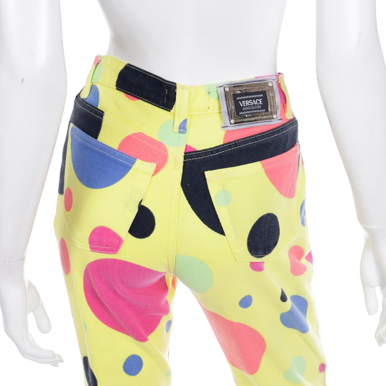 1990s Versace Jeans Couture Yellow Pants With Multi Colored Polka Dots For Sale 3