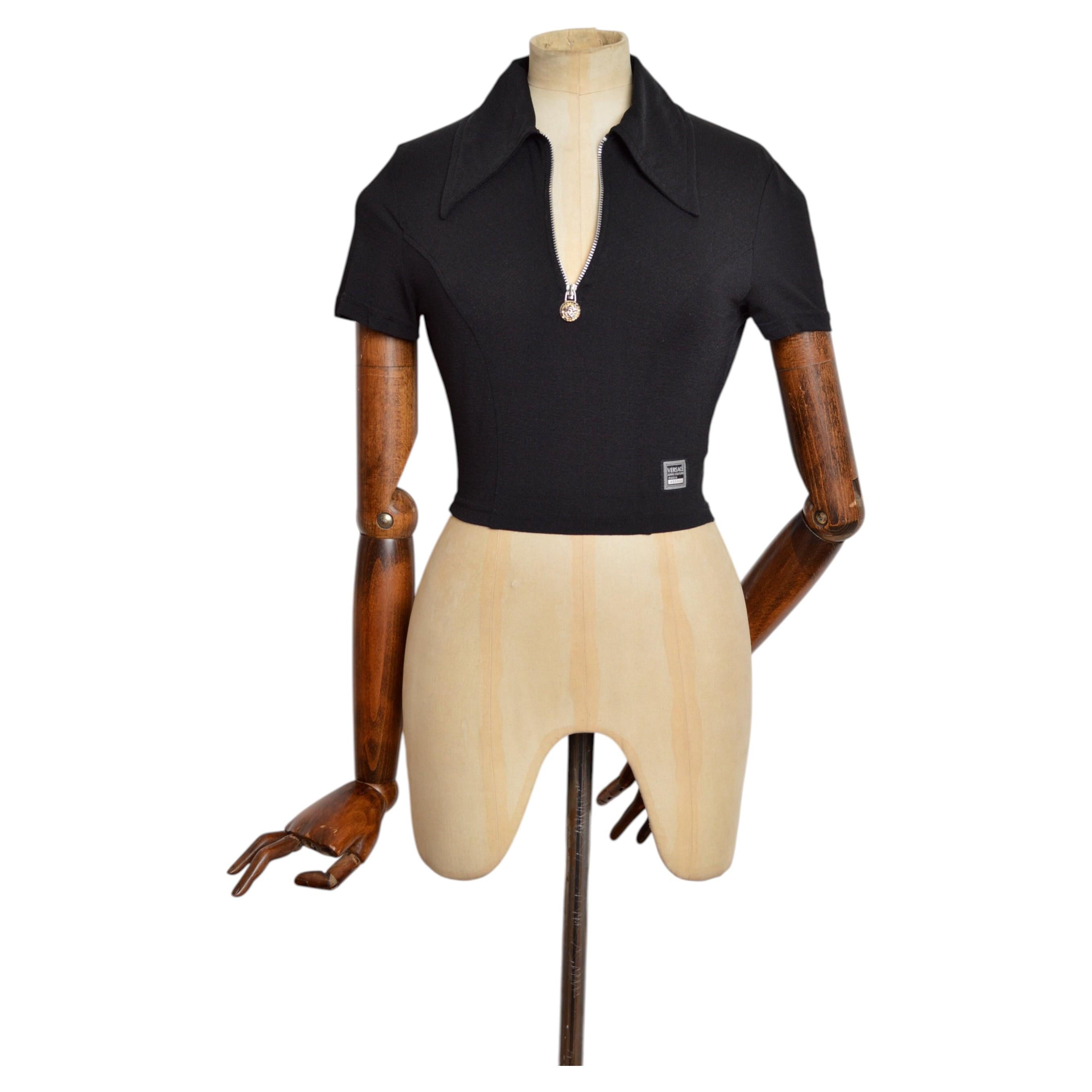 1990's Versace Jeans Couture Zip Down Black Short Sleeve Crop Top