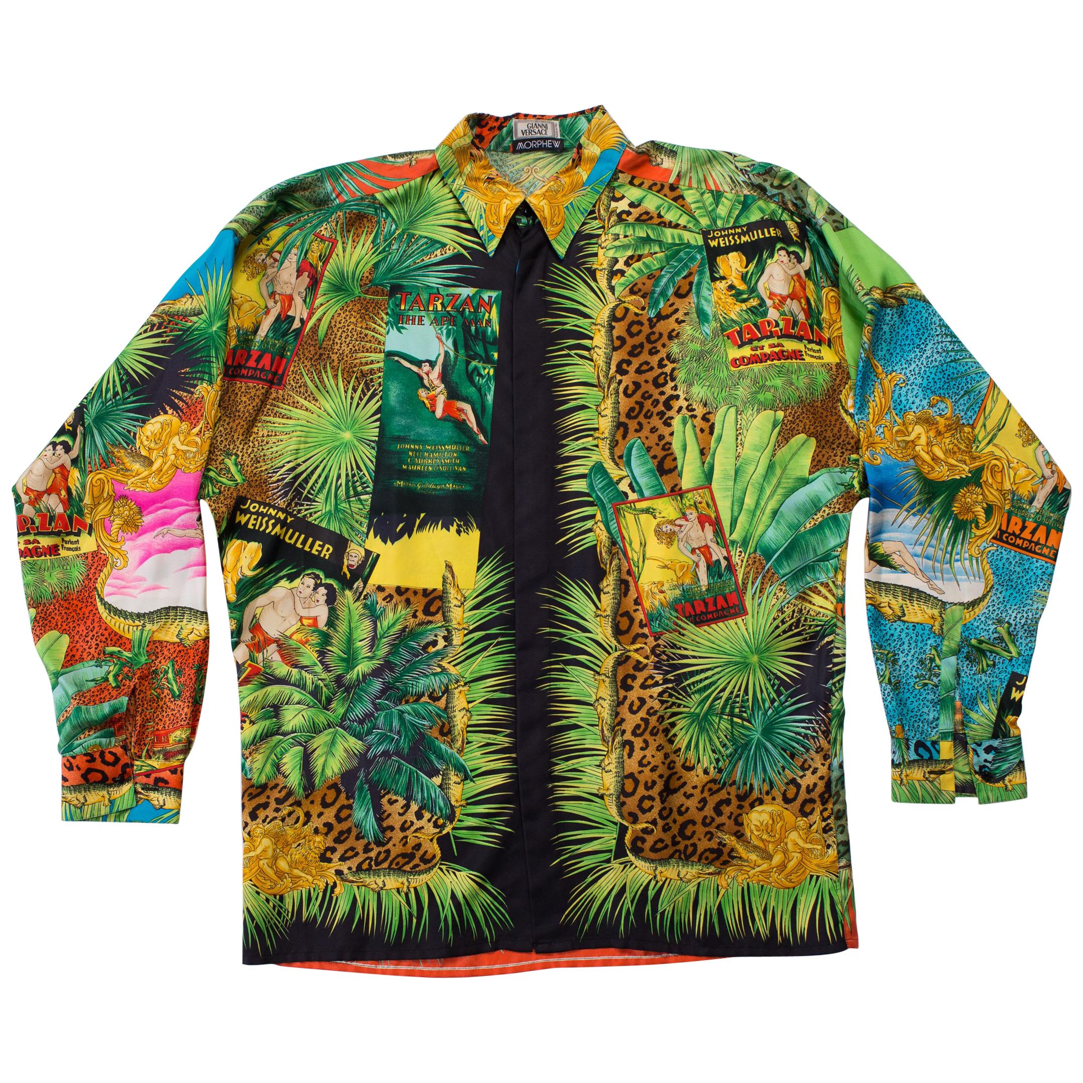 1990S GIANNI VERSACE Tropical Silk Leopard Tarzan Print Men's Shirt Sz 48