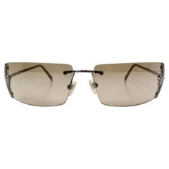 1990s Versace Medusa Brown Tinted Rectangular Rimless Shield Metal Sunglasses