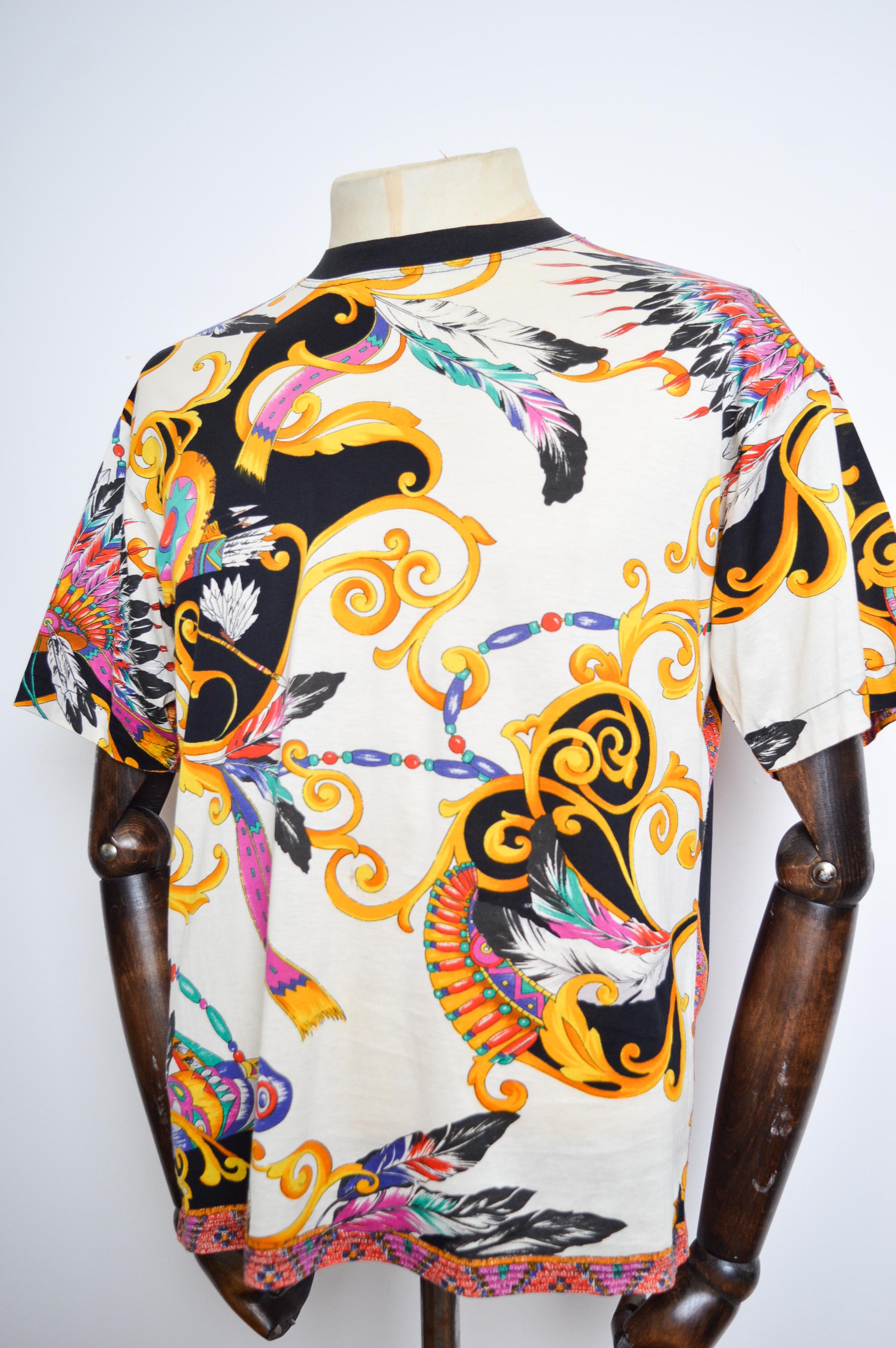 1990's VERSACE Native American Print Colourful Patterned T-Shirt - Tee For Sale 3