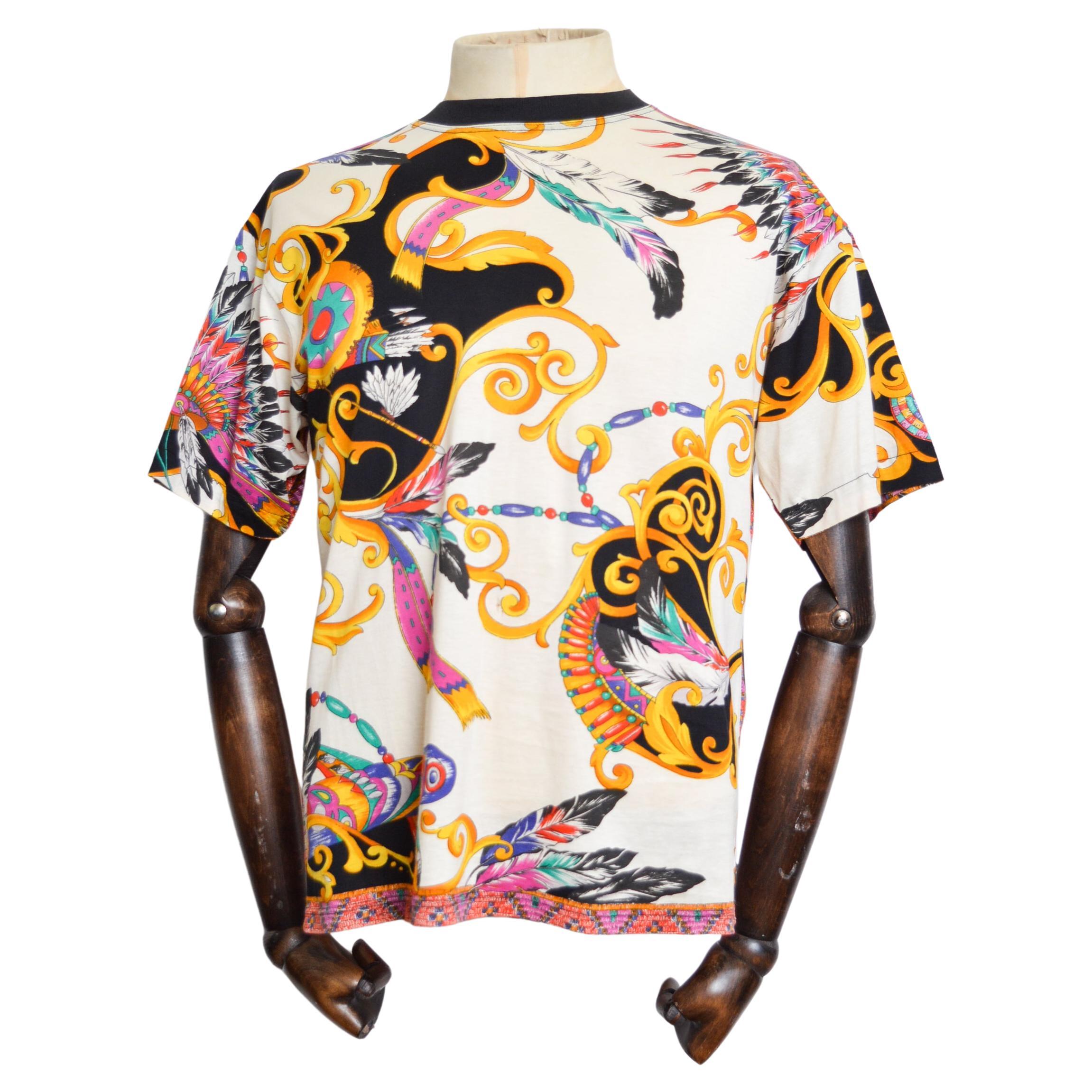 1990's VERSACE Native American Print Colourful Patterned T-Shirt - Tee For Sale