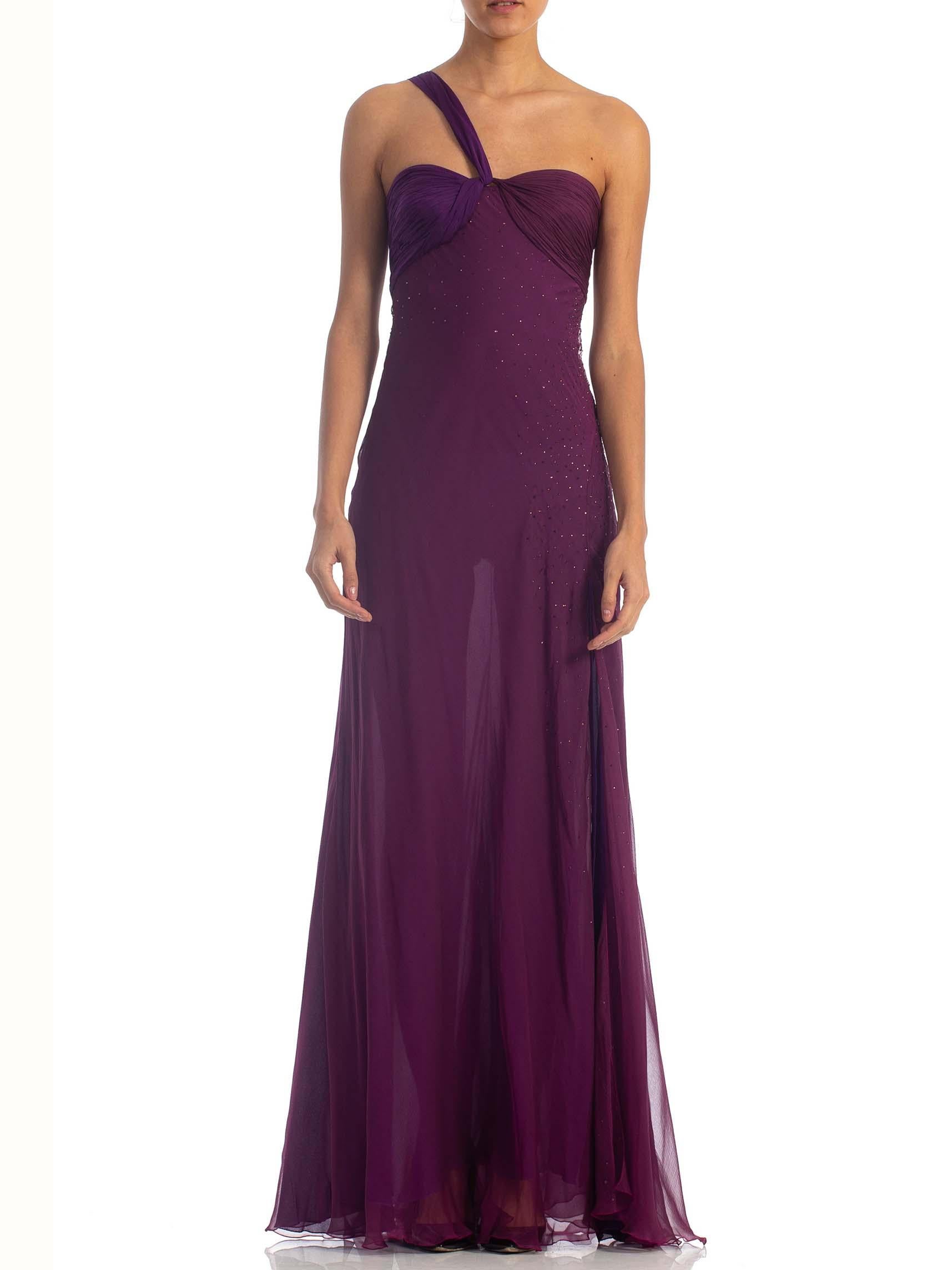 2000S DONATELLA VERSACE Purple Bias Cut Silk Chiffon Crystal Embelished Gown With High Slit