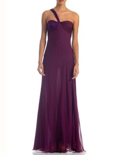 2000S DONATELLA VERSACE Purple Bias Cut Silk Chiffon Crystal Embelished Gown Wi