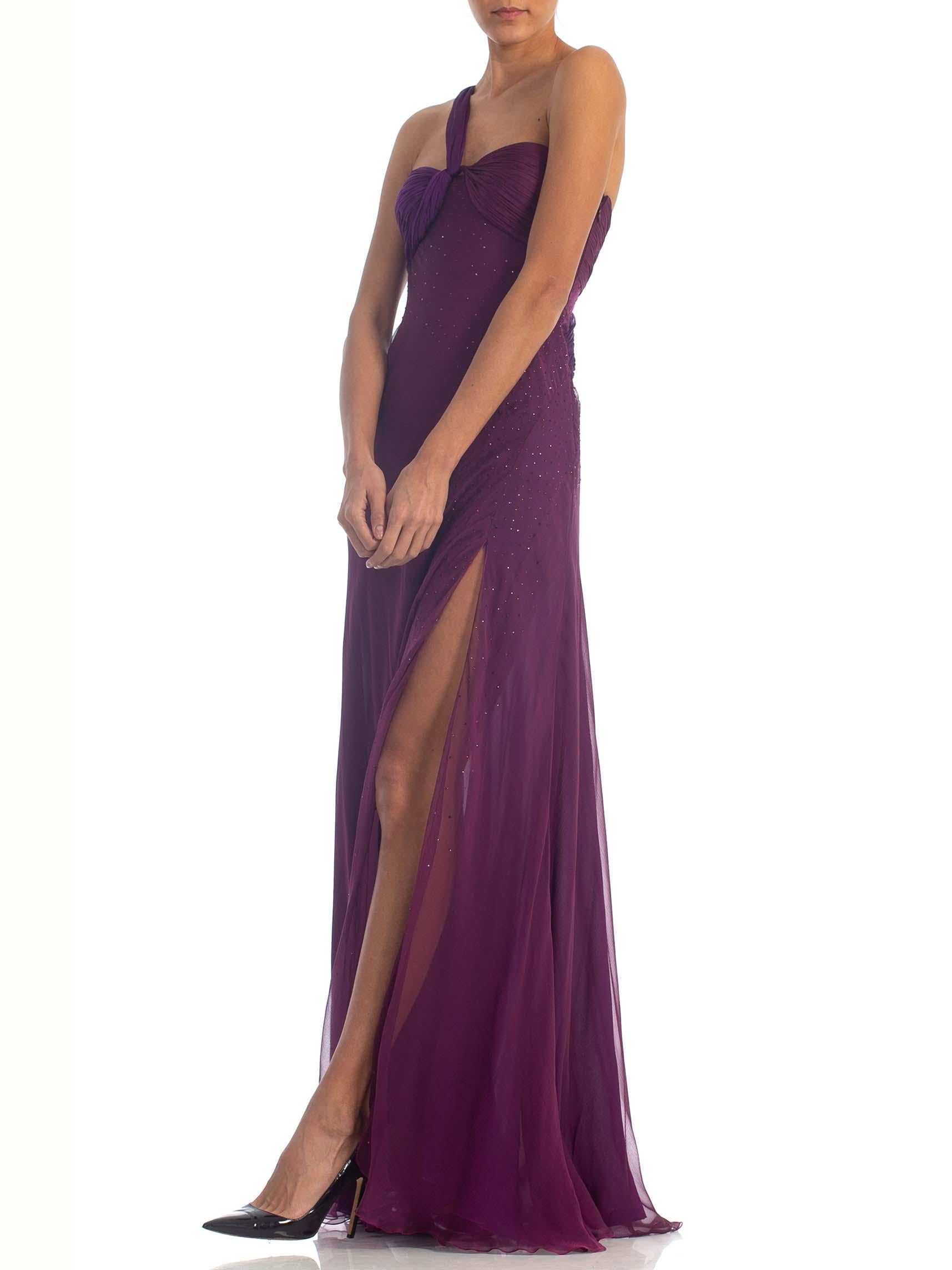 2000S DONATELLA VERSACE Purple Bias Cut Silk Chiffon Crystal Embelished Gown Wi In Excellent Condition In New York, NY
