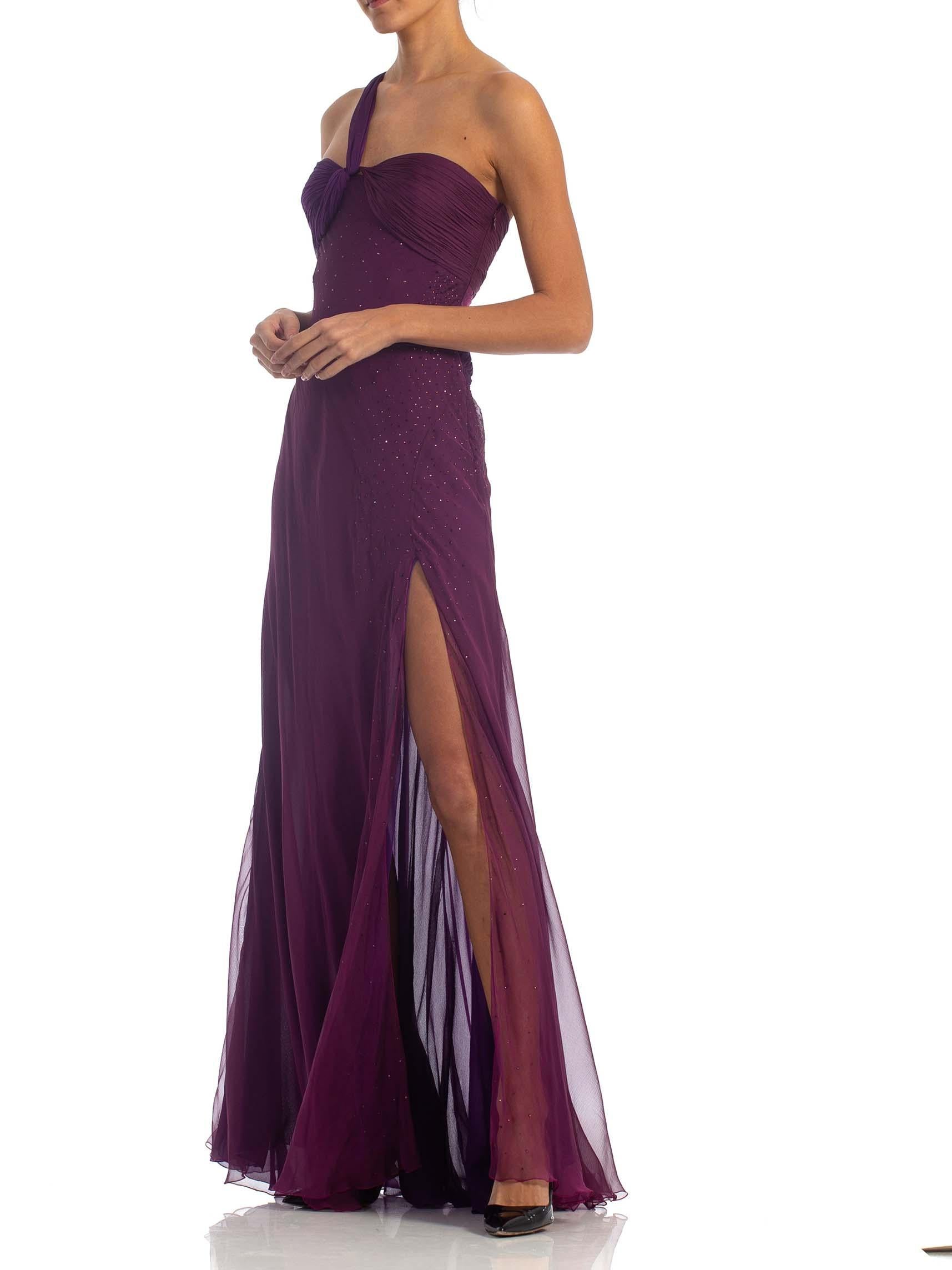 Women's 2000S DONATELLA VERSACE Purple Bias Cut Silk Chiffon Crystal Embelished Gown Wi
