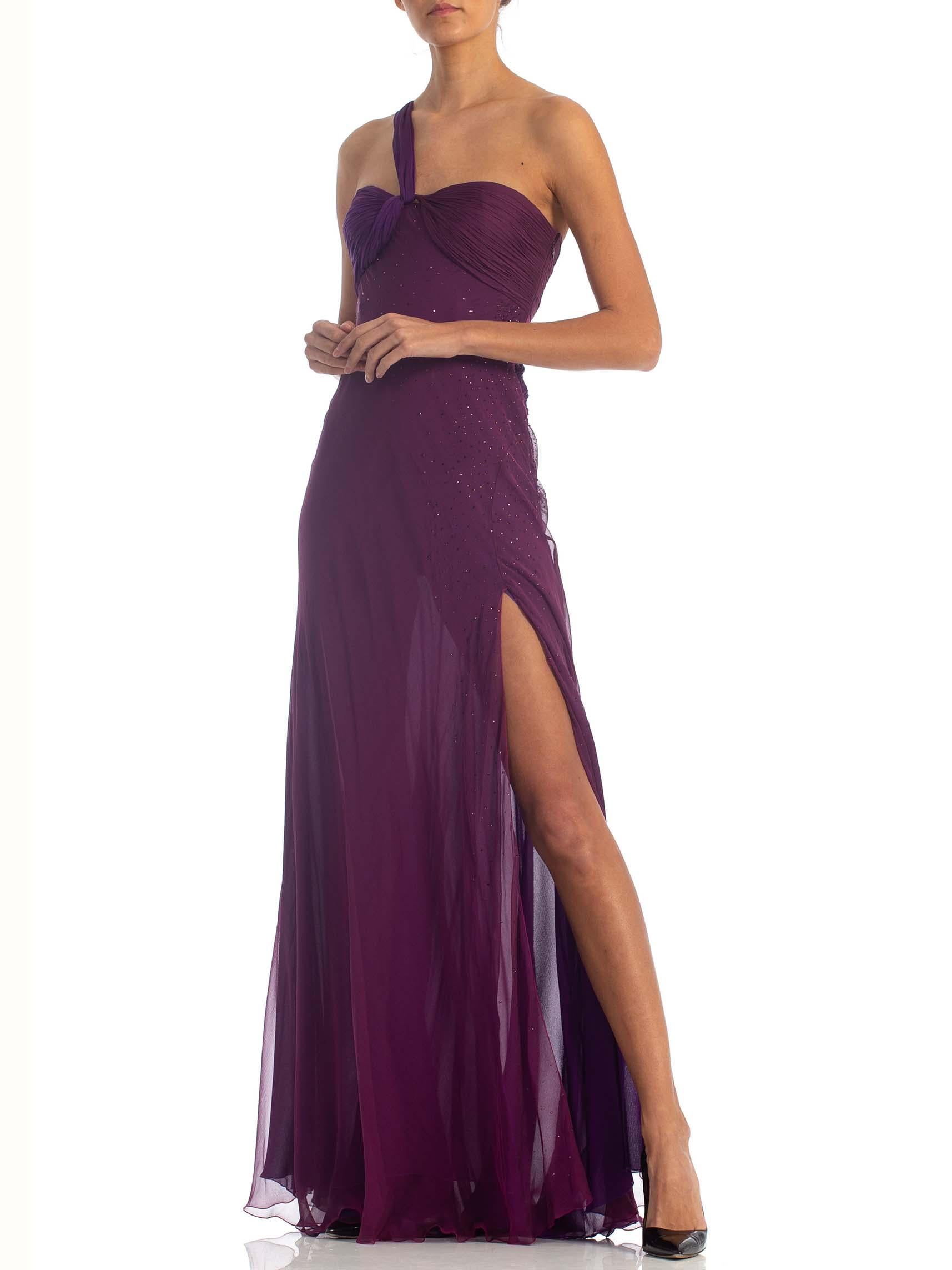 2000S DONATELLA VERSACE Purple Bias Cut Silk Chiffon Crystal Embelished Gown Wi 1