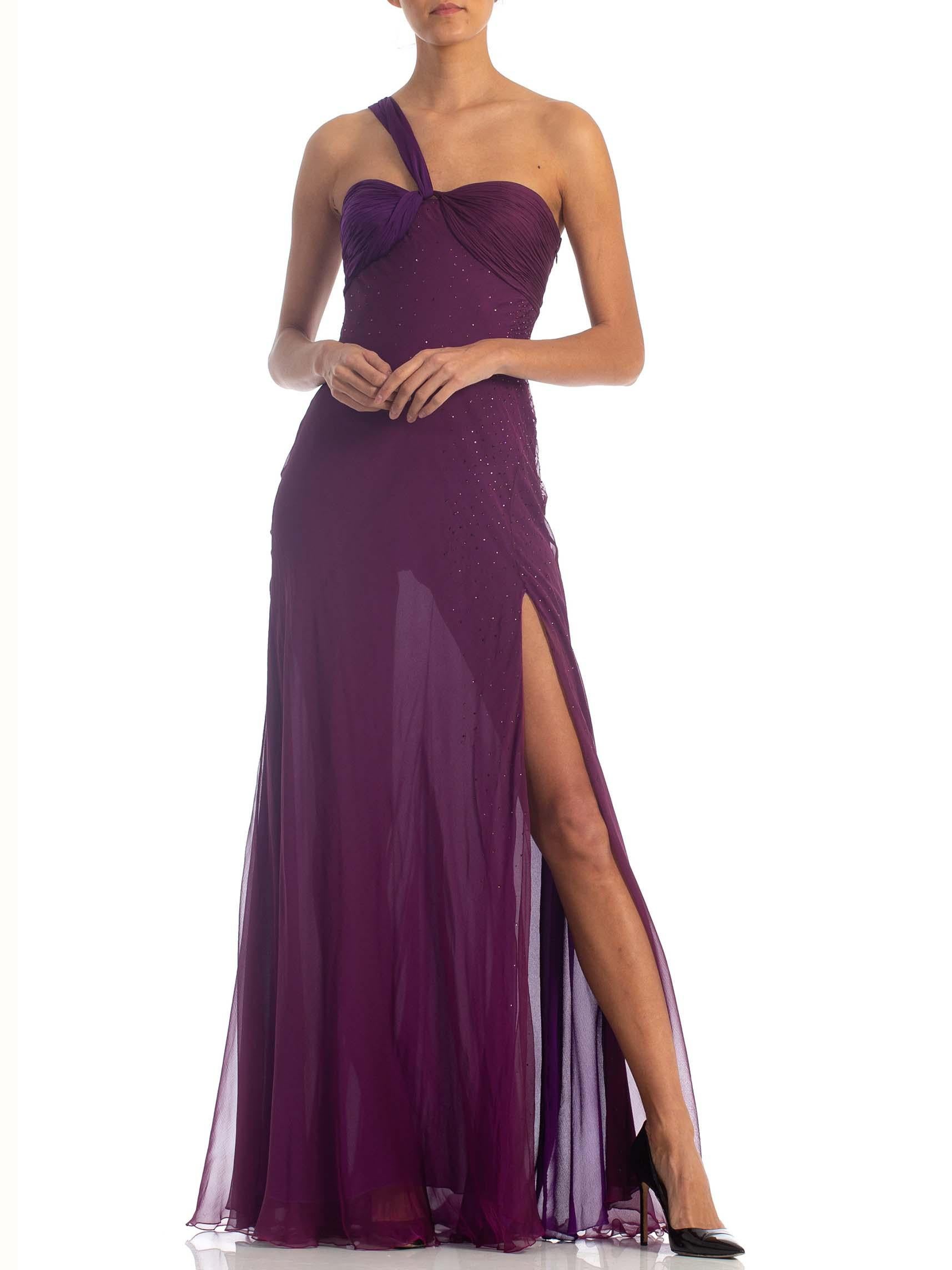 2000S DONATELLA VERSACE Purple Bias Cut Silk Chiffon Crystal Embelished Gown Wi 2