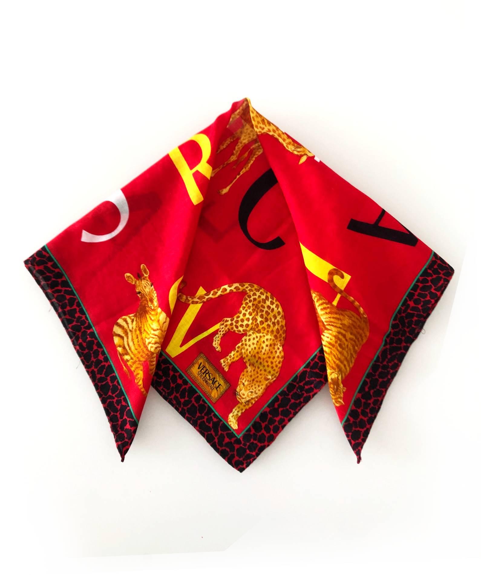 Versace cotton scarf, exotic animal design, red and multi-colour, cotton 100%, can be worn as bandannas /headscarf too 
Condition: vintage, 1990s, excellent
Measurements: 50.8x50.8cm 