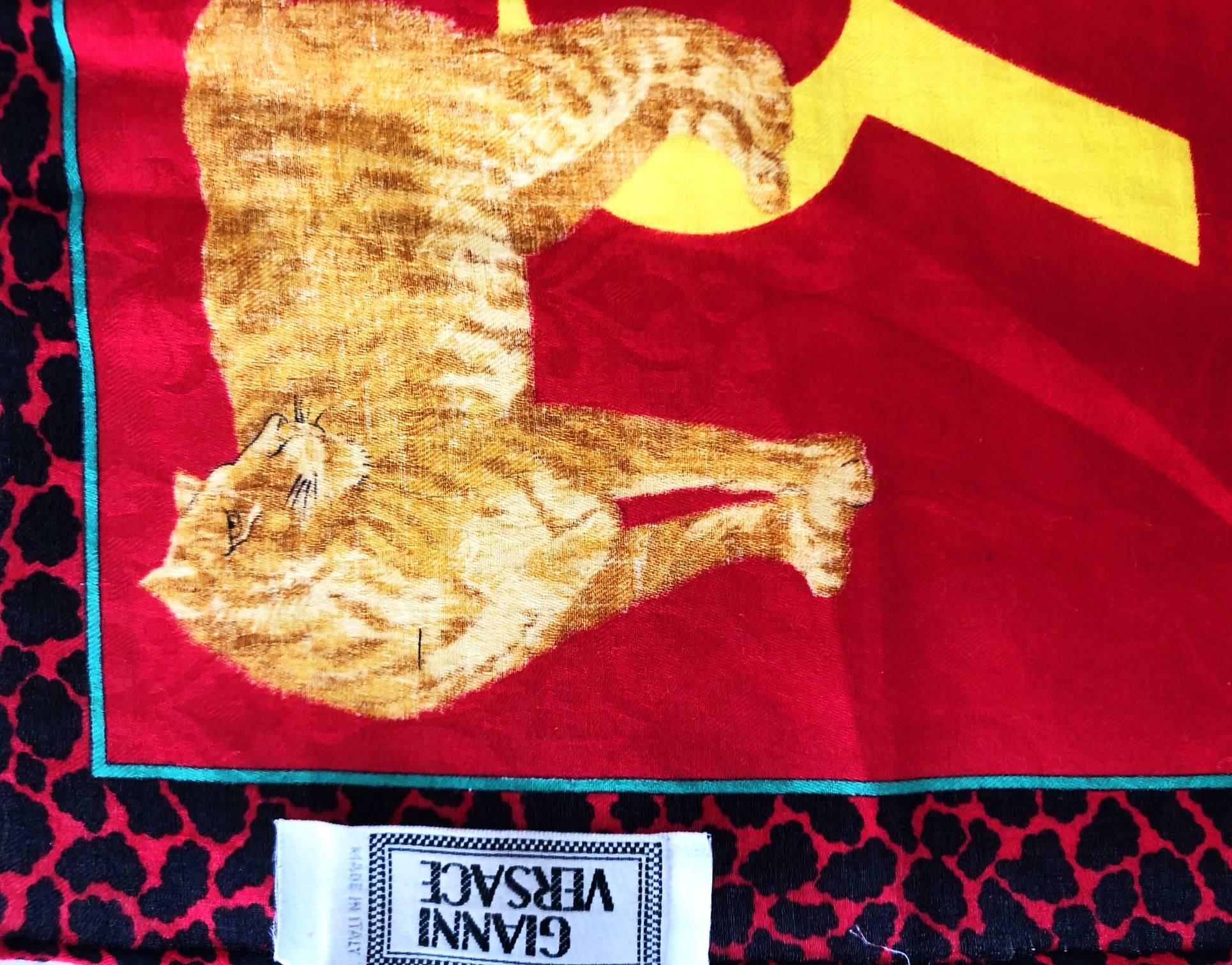 1990s Versace Red Exotic Animal Print Cotton Scarf  In Good Condition In London, GB