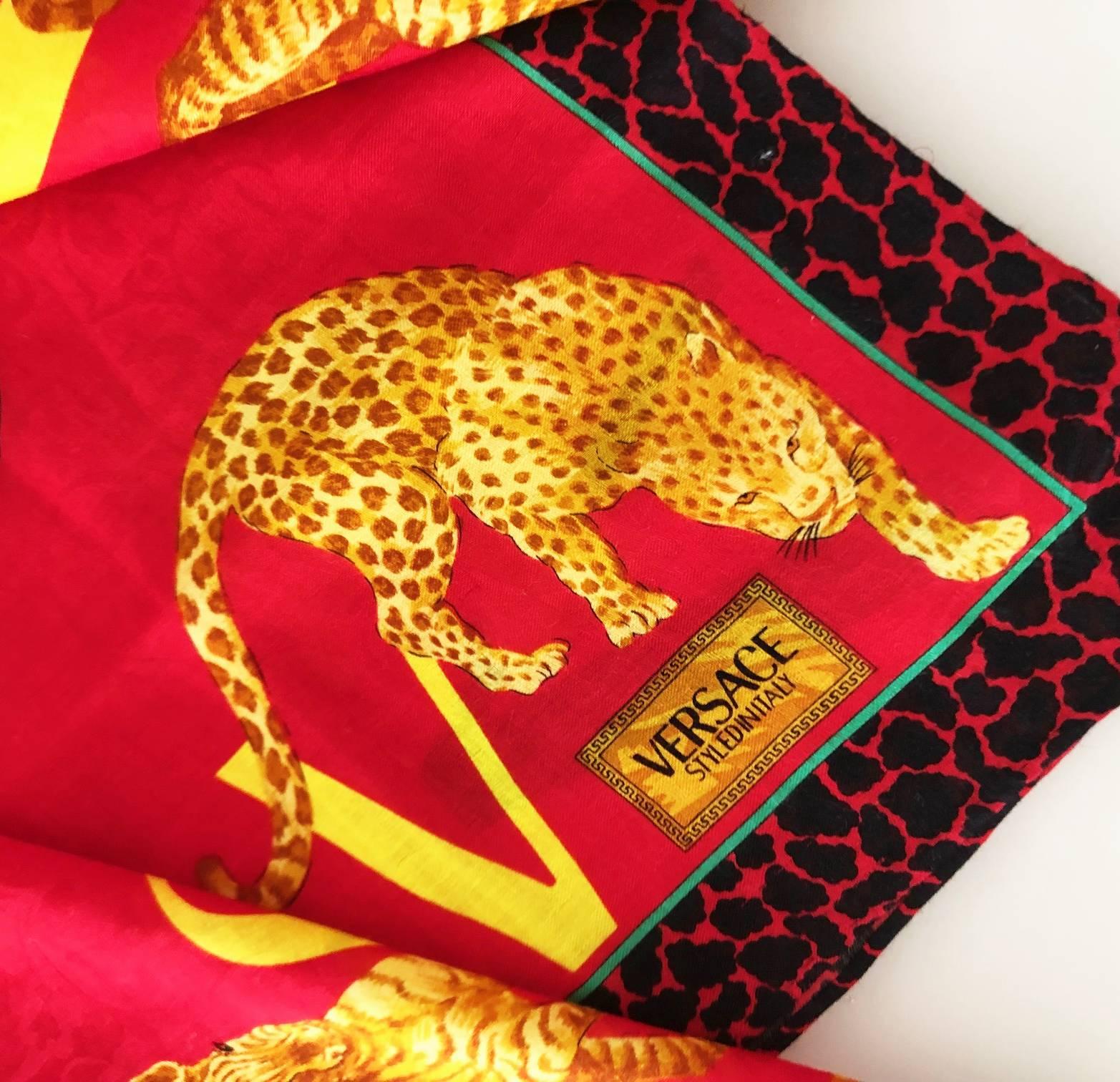 Women's or Men's 1990s Versace Red Exotic Animal Print Cotton Scarf 