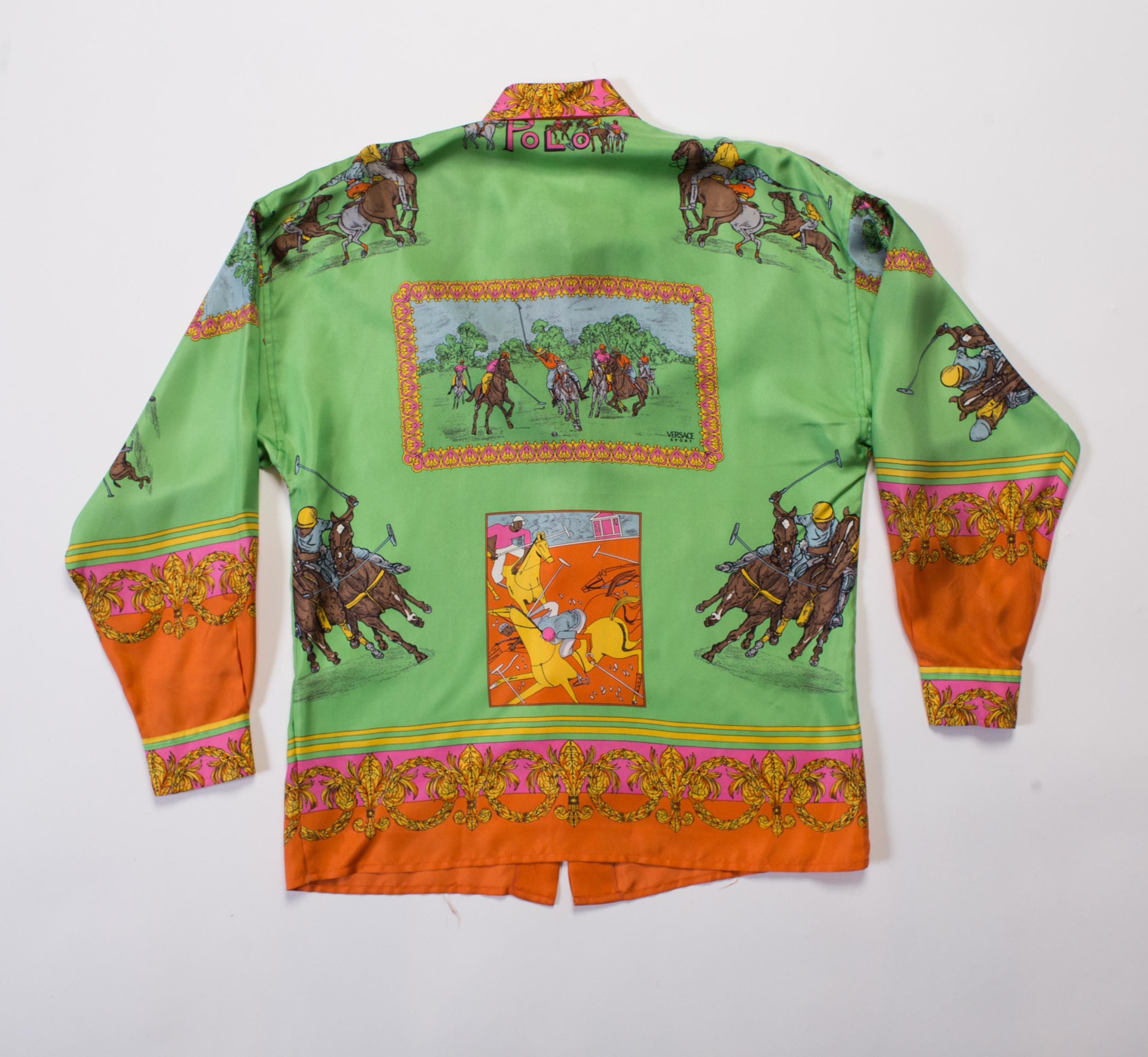 1990S  VERSACE SPORT BY GIANNI Lime Green & Pink Silk Equestrian Polo Print Shirt