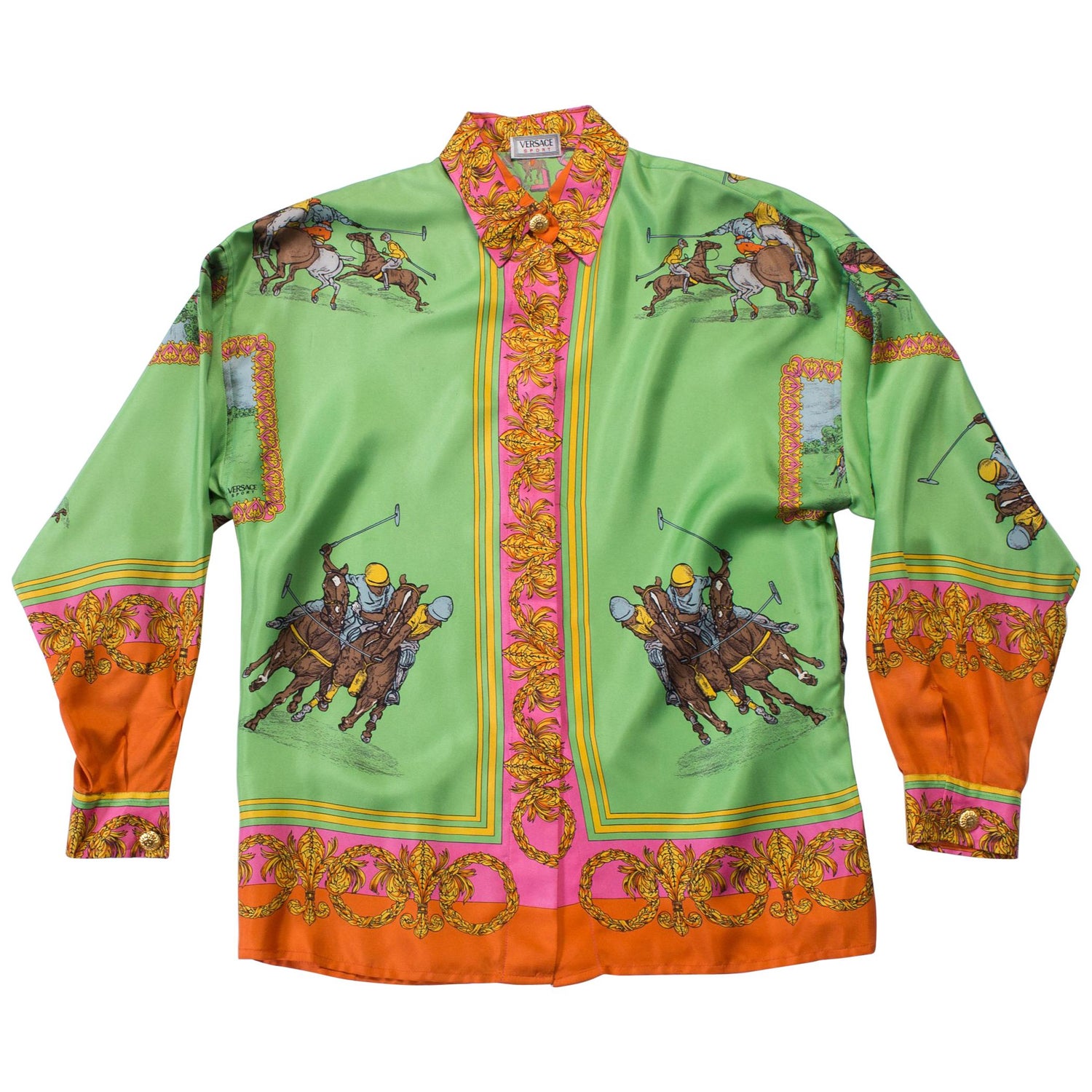 1990S VERSACE SPORT BY GIANNI Lime Green and Pink Silk Equestrian Polo  Print Shi at 1stDibs | versace polo shirt