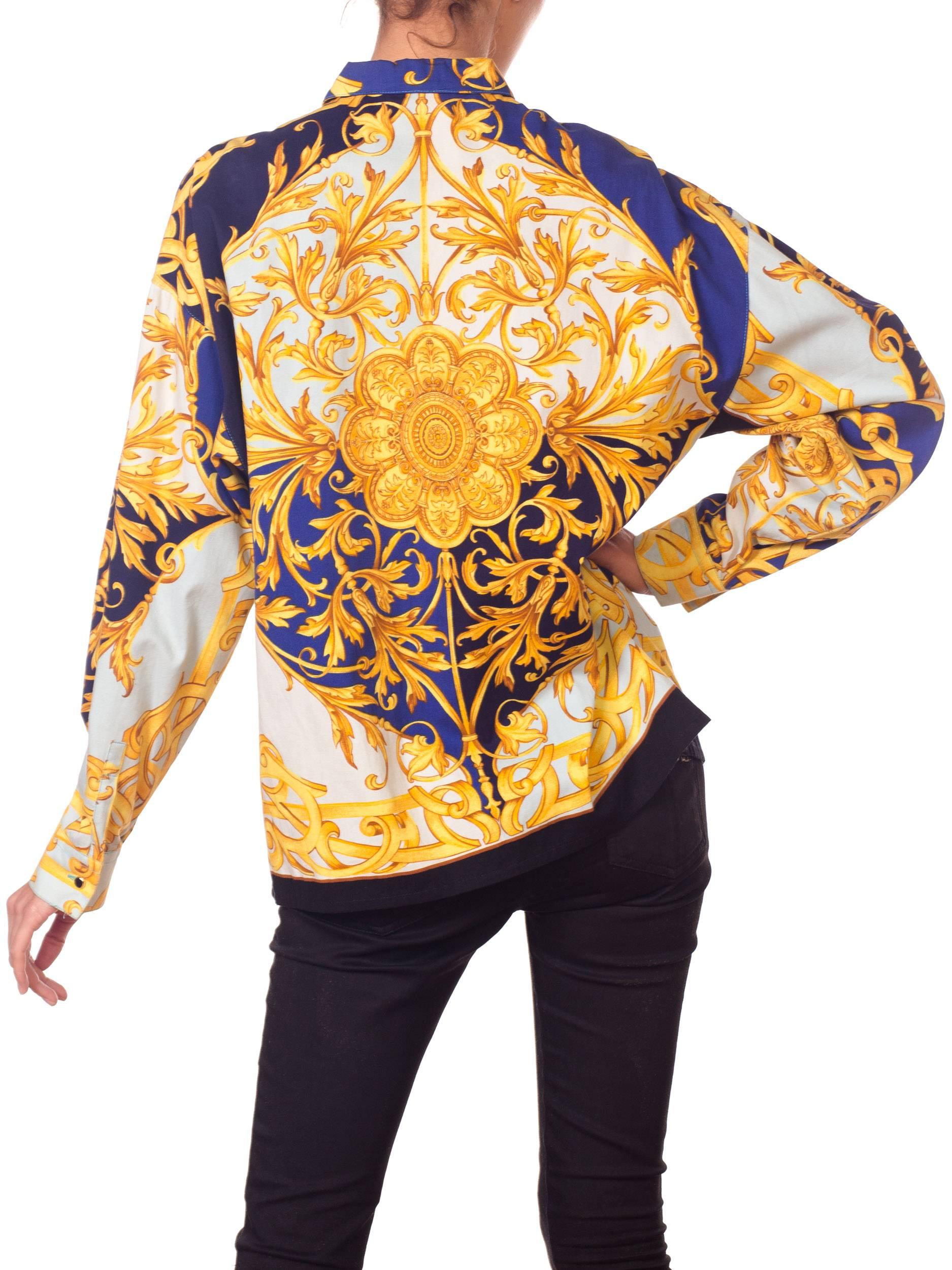 Women's 1990S VERSUS GIANNI VERSACE Blue & White Cotton Twill Gold Baroque Printed Long