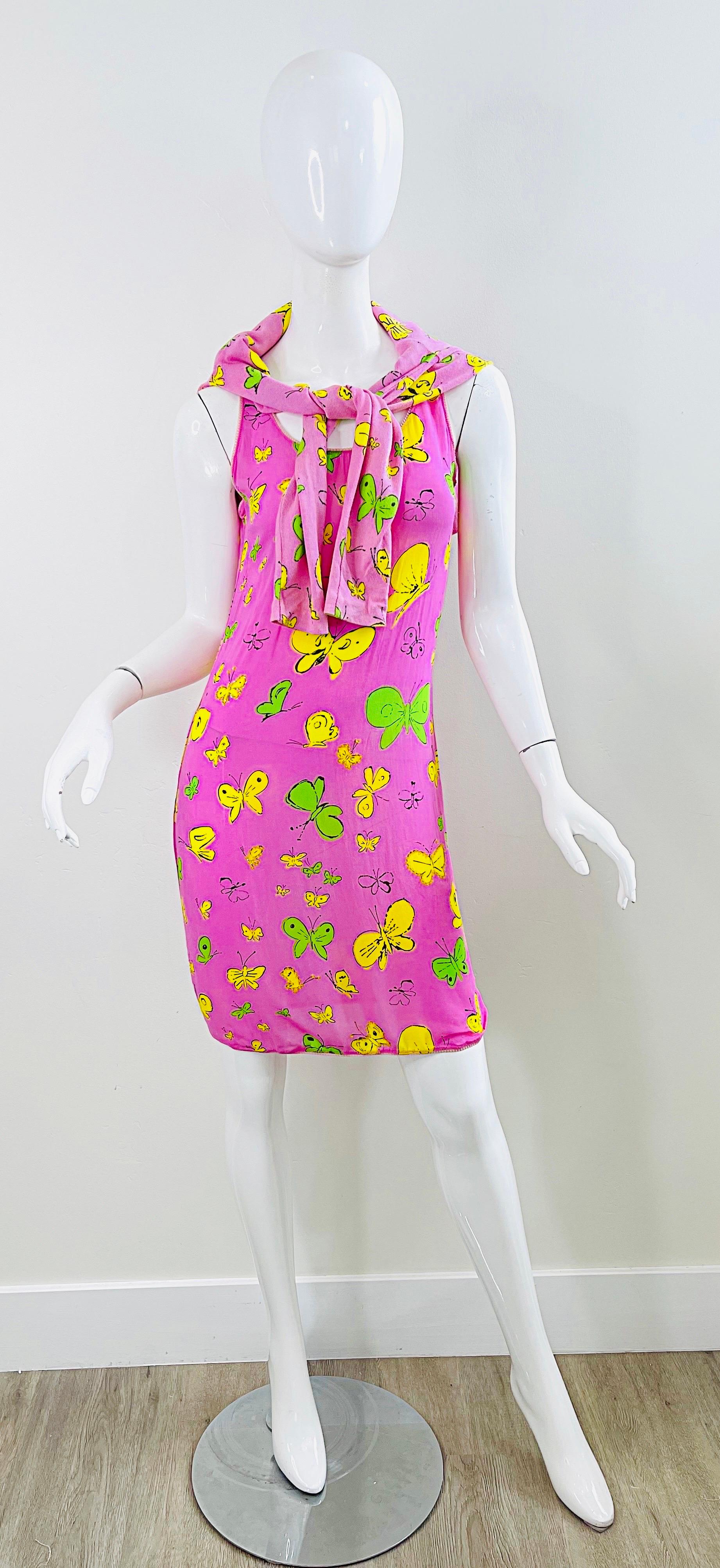 BARBIE 1990s Versus Gianni Versace Bubblegum Pink Beads Butterfly Dress Cardigan For Sale 9
