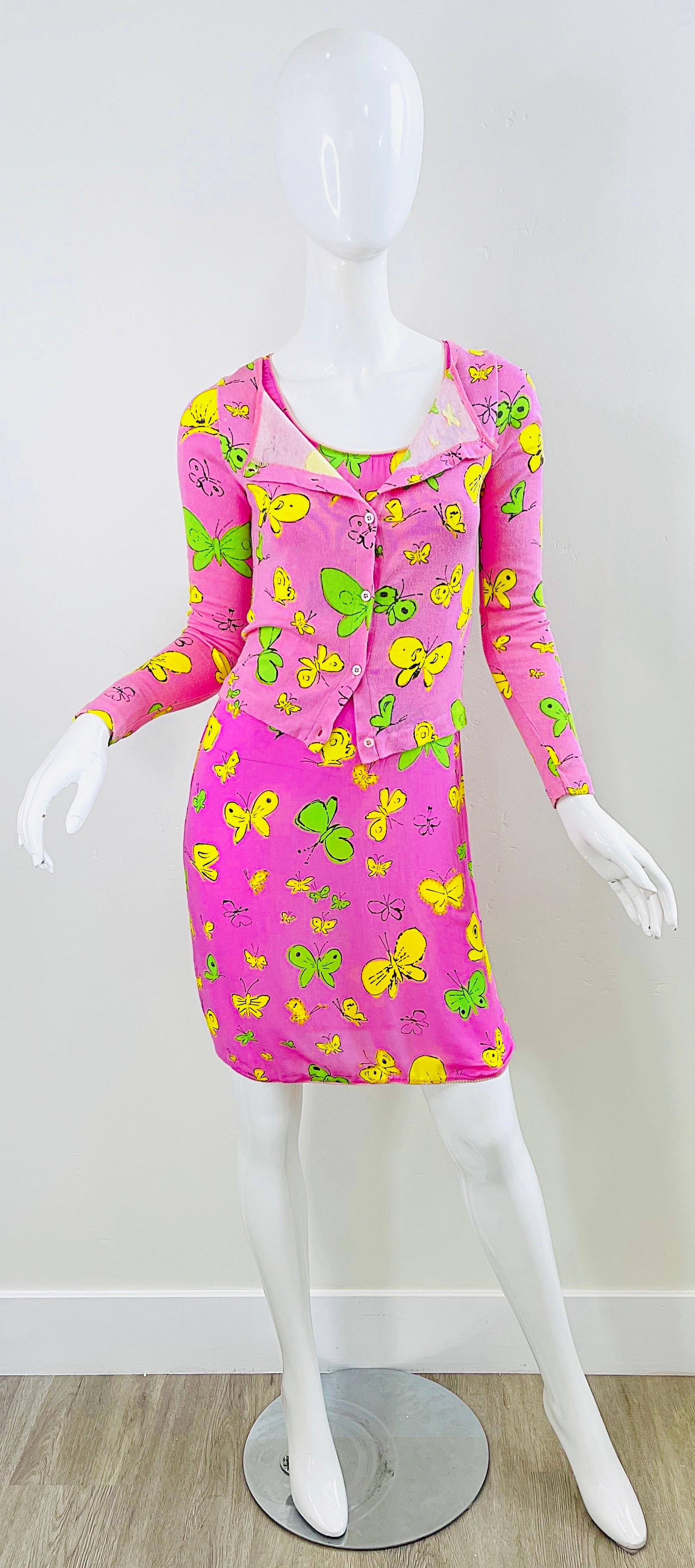 BARBIE 1990s Versus Gianni Versace Bubblegum Pink Beads Butterfly Dress Cardigan In Excellent Condition For Sale In San Diego, CA