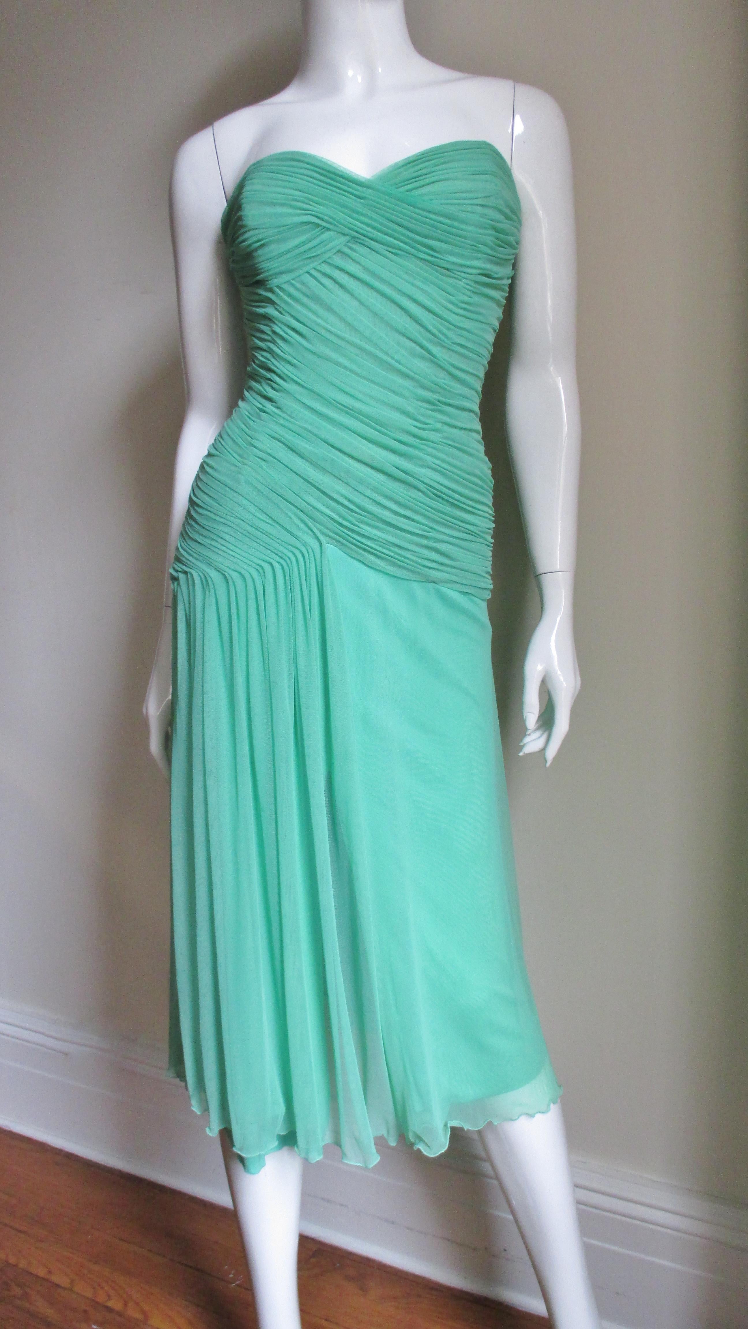 Blue Vicky Tiel Ruched Strapless Dress For Sale