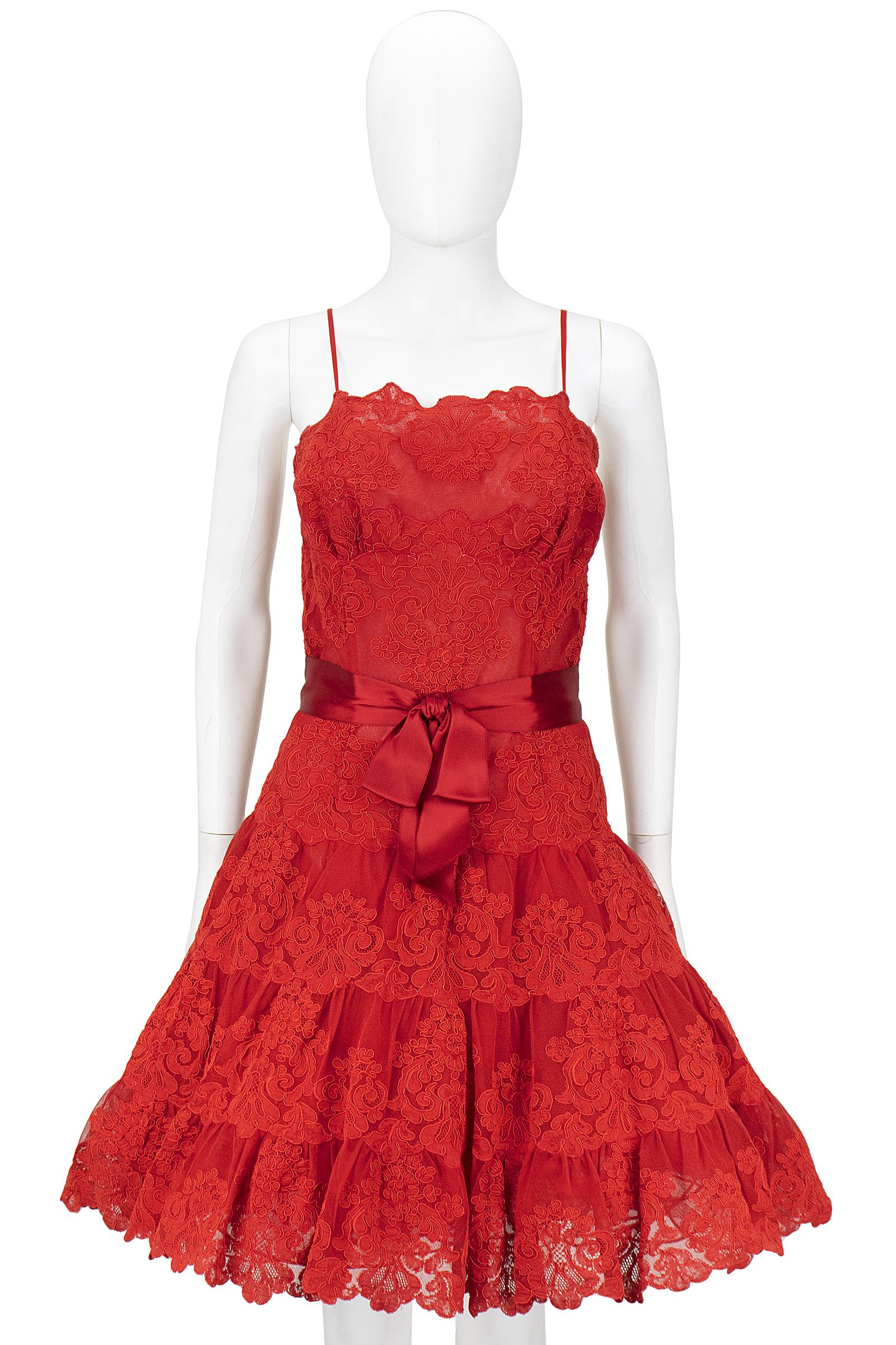 Vicky Tiel Couture Circa 1990s Red Lace Cocktail Dress In Good Condition For Sale In Los Angeles, CA