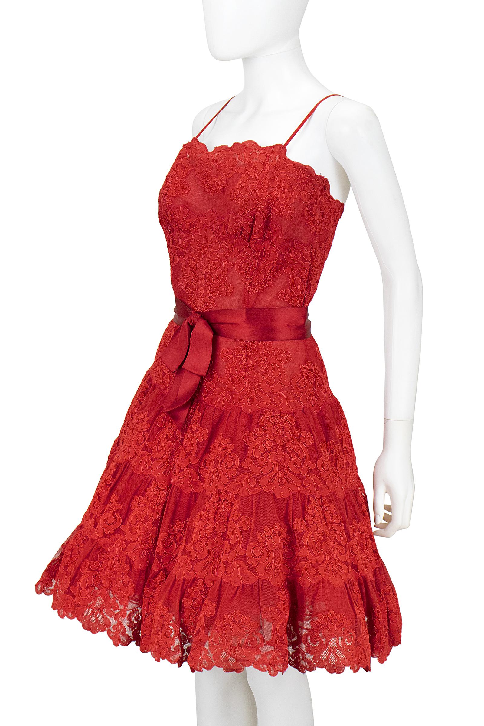 Vicky Tiel Couture Circa 1990s Red Lace Cocktail Dress For Sale 1