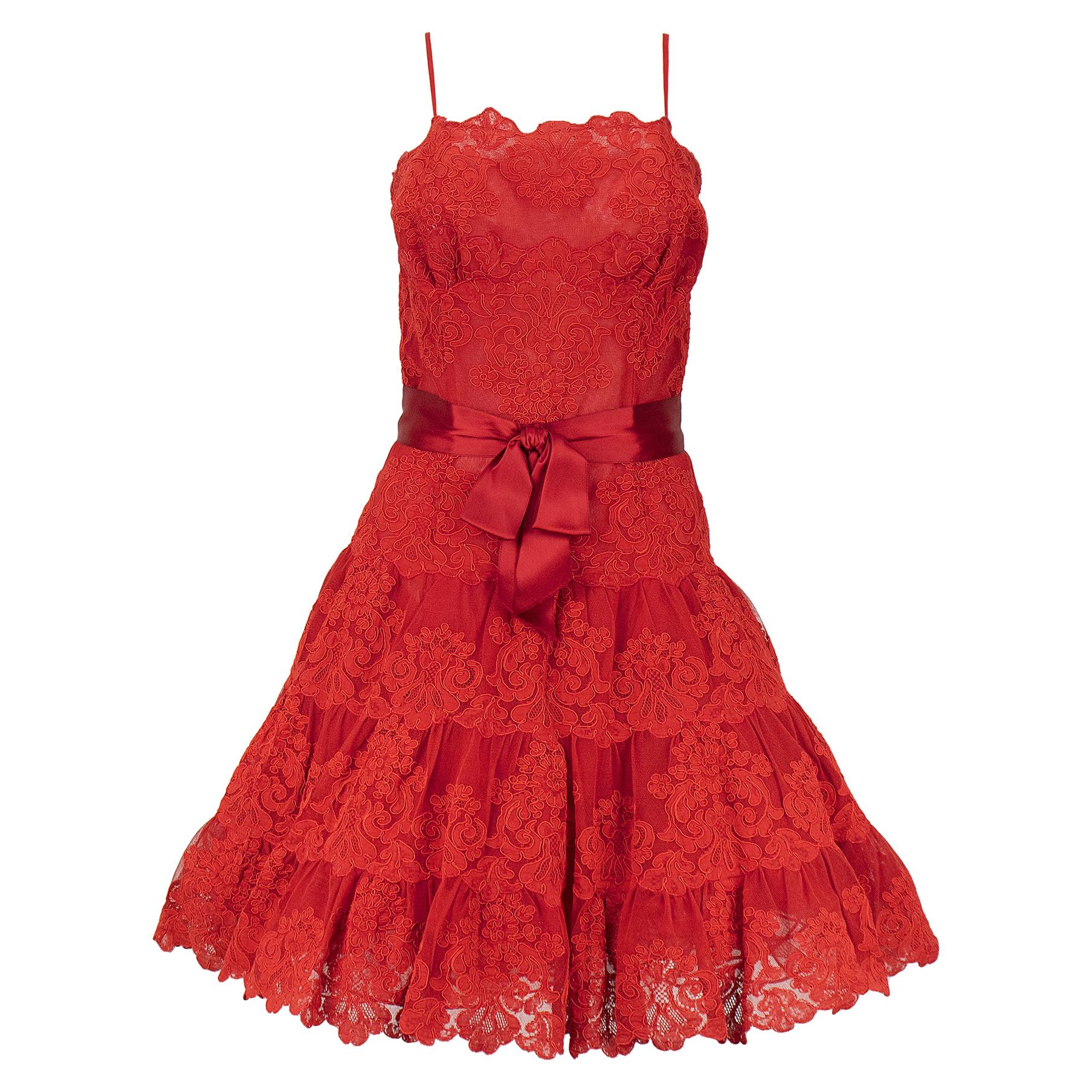  Vicky Tiel Couture Circa 1990s Red Lace Cocktail Dress For Sale