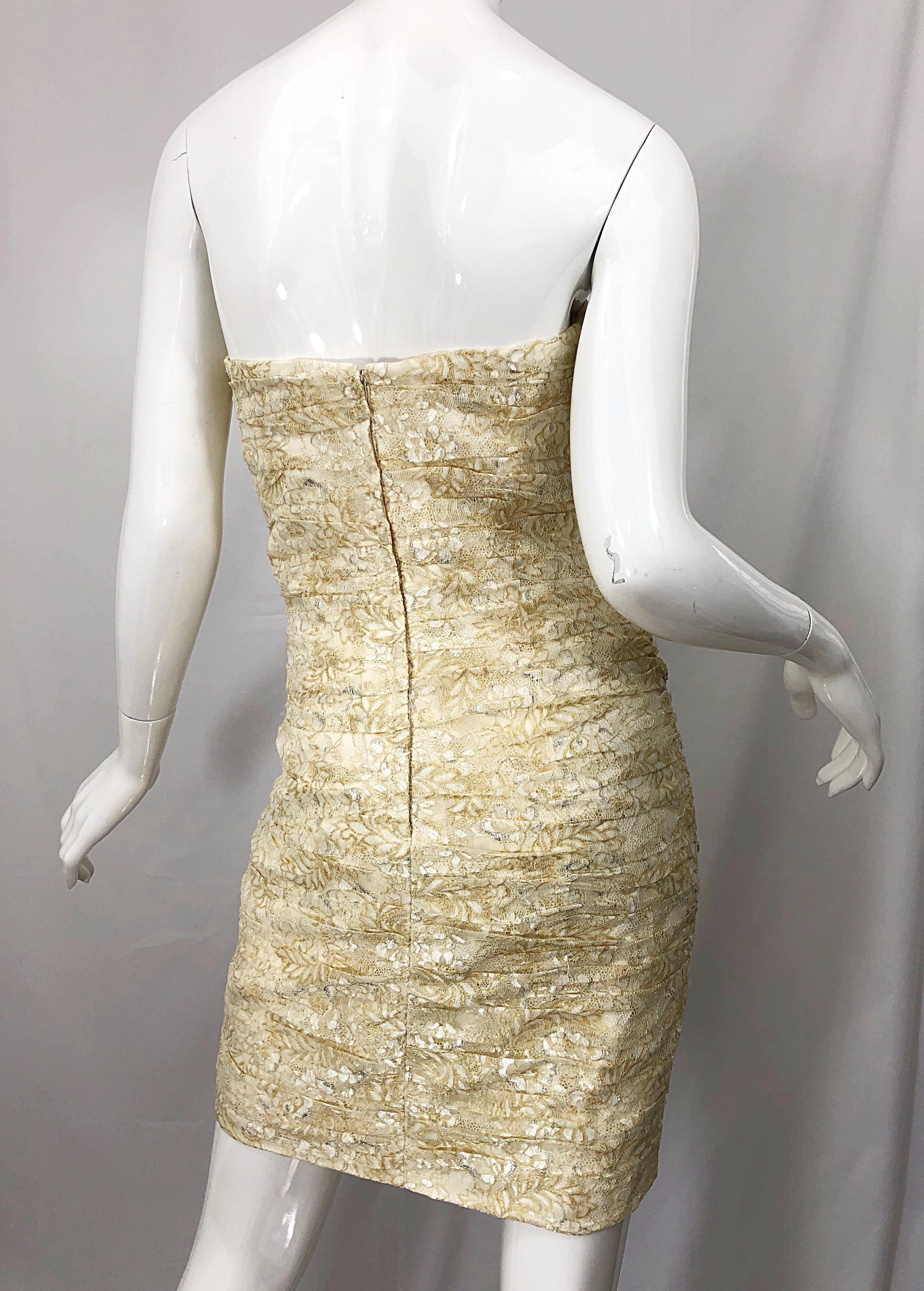 1990s Vicky Tiel Size 8 Gold + Ivory Lace Vintage 90s Strapless Mini Dress For Sale 4
