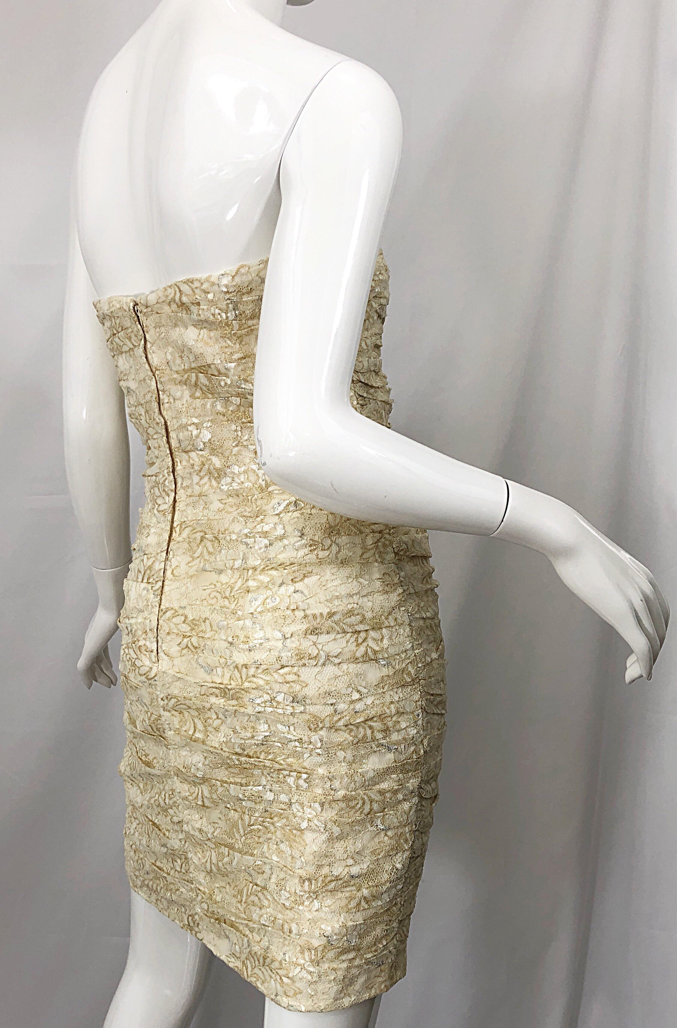 Women's 1990s Vicky Tiel Size 8 Gold + Ivory Lace Vintage 90s Strapless Mini Dress For Sale