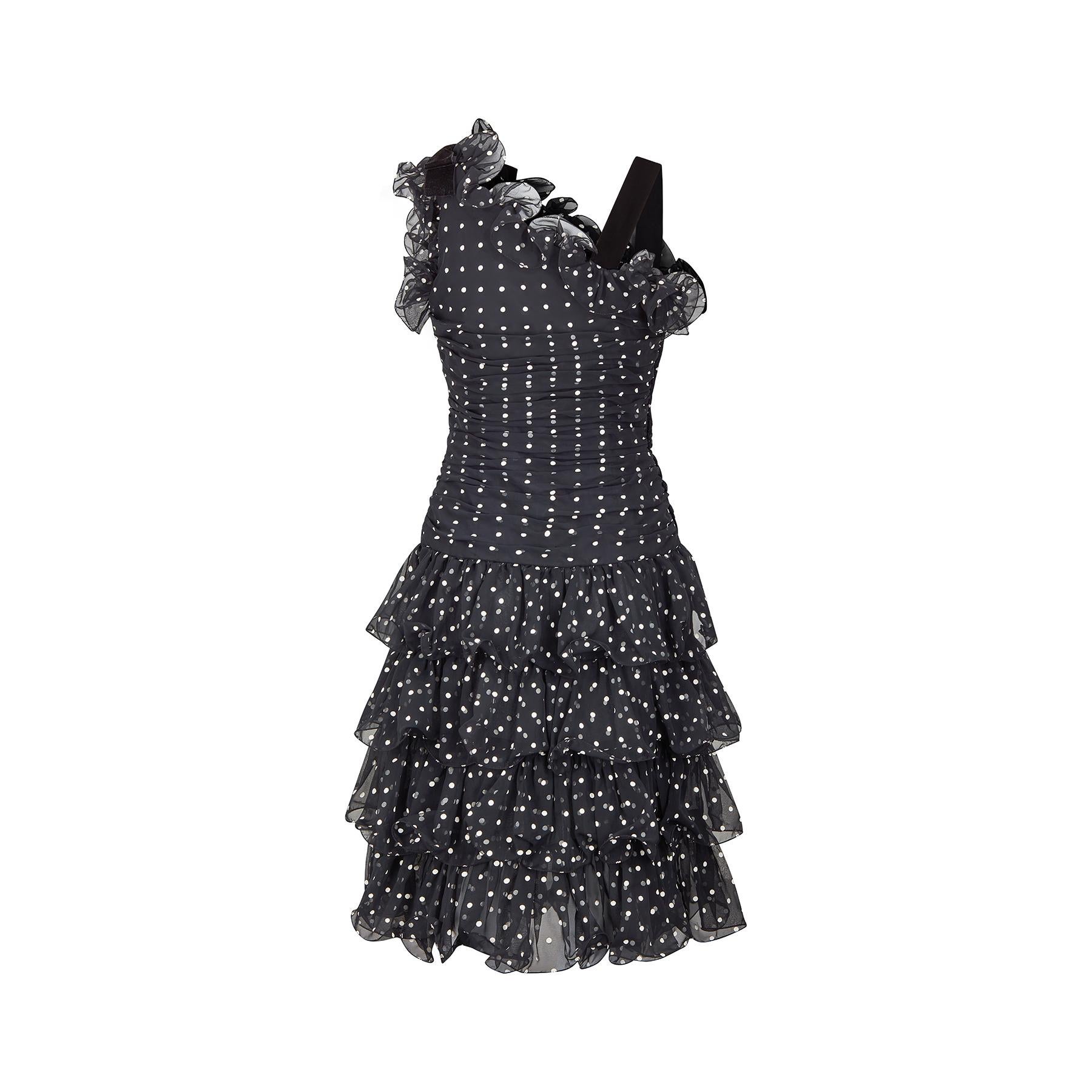 1990s Victor Costa Black and White Polkadot Ruffle Dress In Excellent Condition For Sale In London, GB
