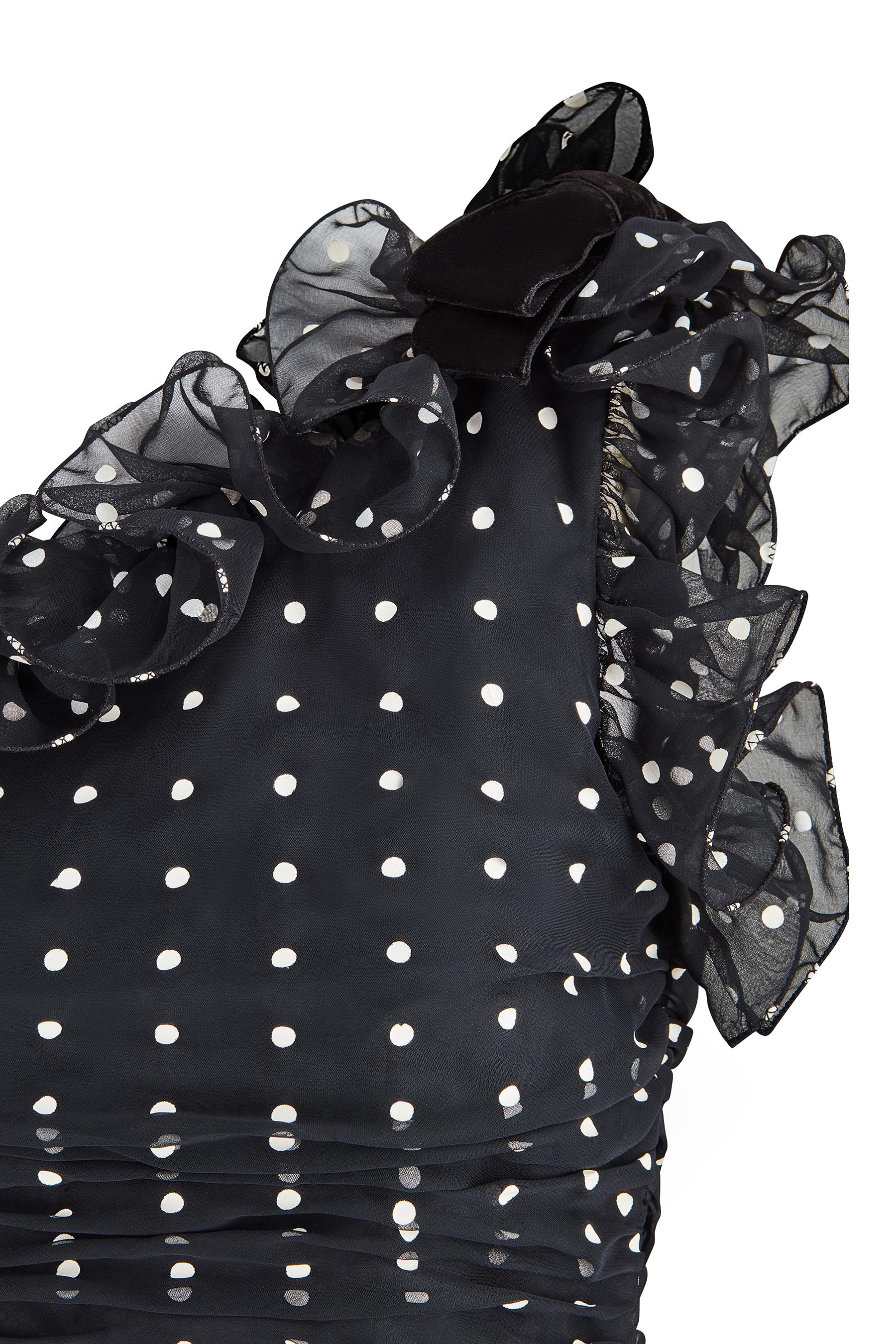 Women's 1990s Victor Costa Black and White Polkadot Ruffle Dress For Sale