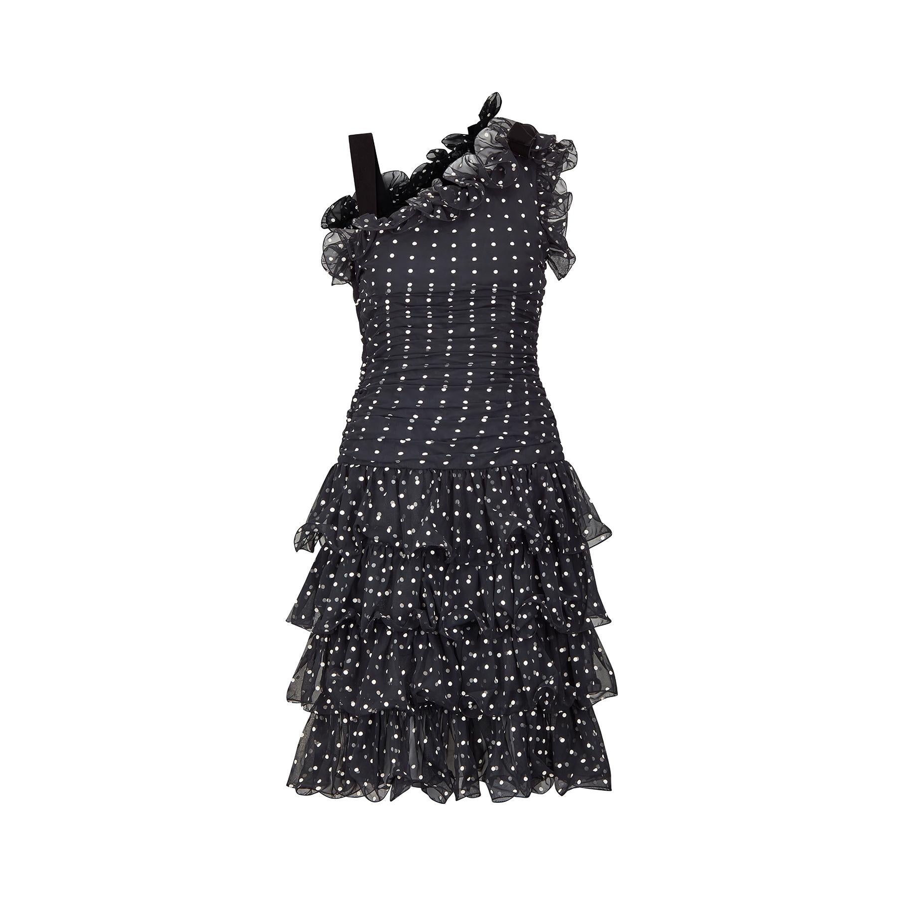 1990s Victor Costa Black and White Polkadot Ruffle Dress For Sale 1