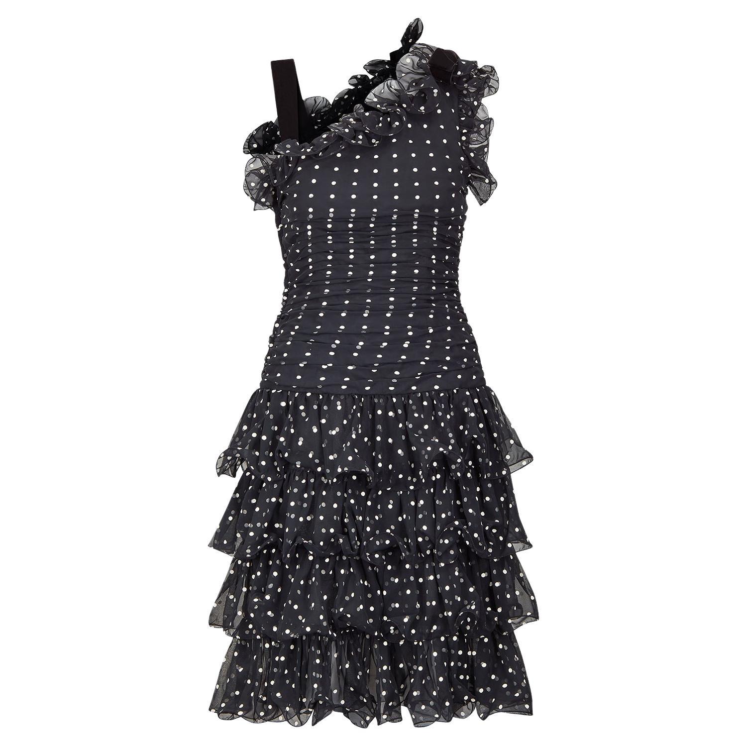 1990s Victor Costa Black and White Polkadot Ruffle Dress