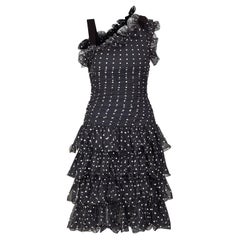 1990s Victor Costa Black and White Polkadot Ruffle Dress