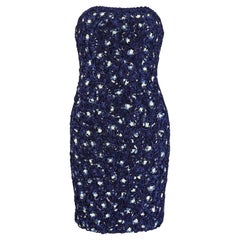 1990s Victor Costa Navy Ribbonwork and Sequin Mini Dress