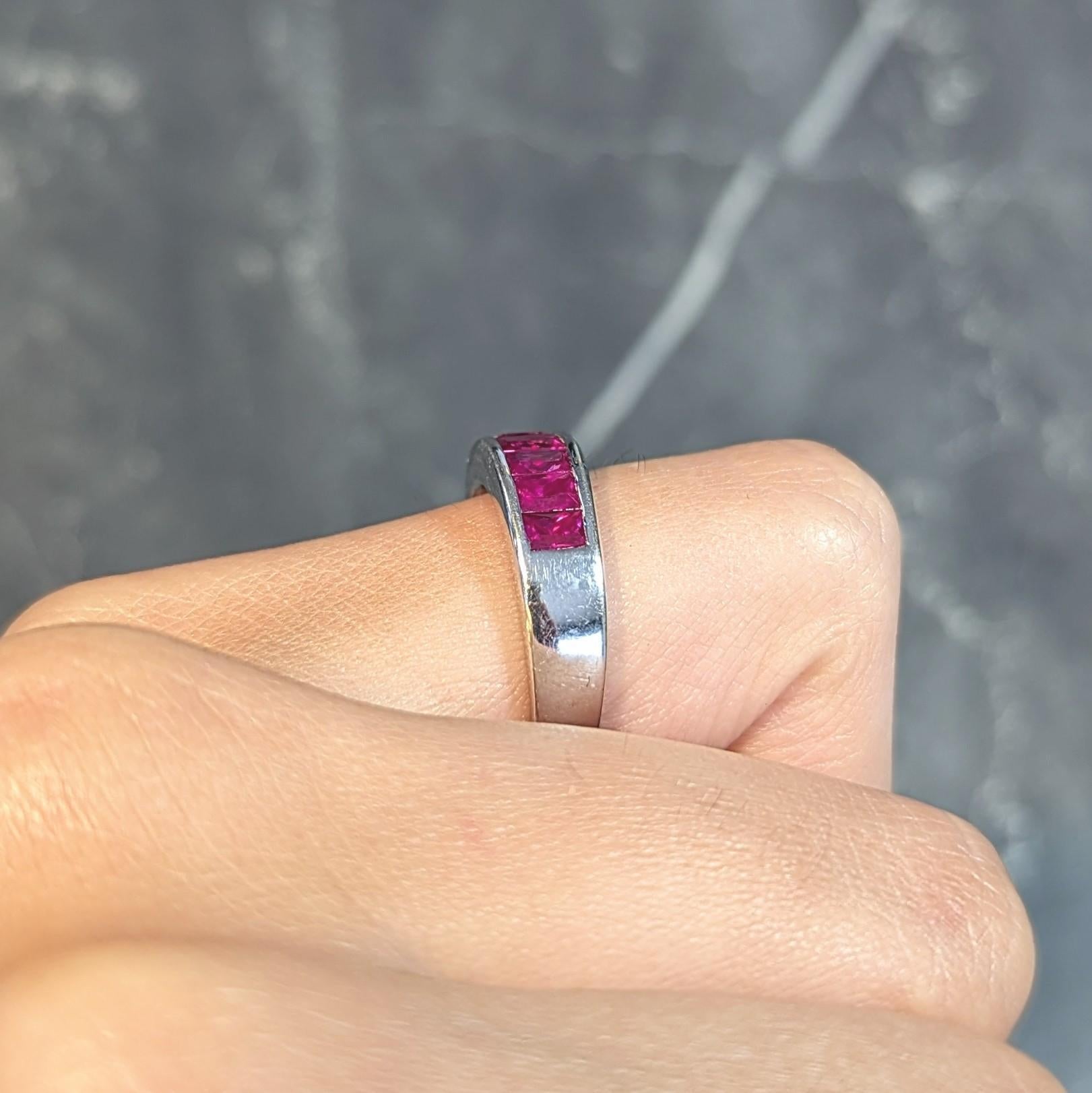 1990's Vintage 2.00 CTW Ruby 18 Karat White Gold Unisex Channel Band Ring For Sale 9