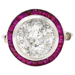 1990's Vintage 4.40 Carats Old European Diamond Ruby Platinum Circular Halo Ring