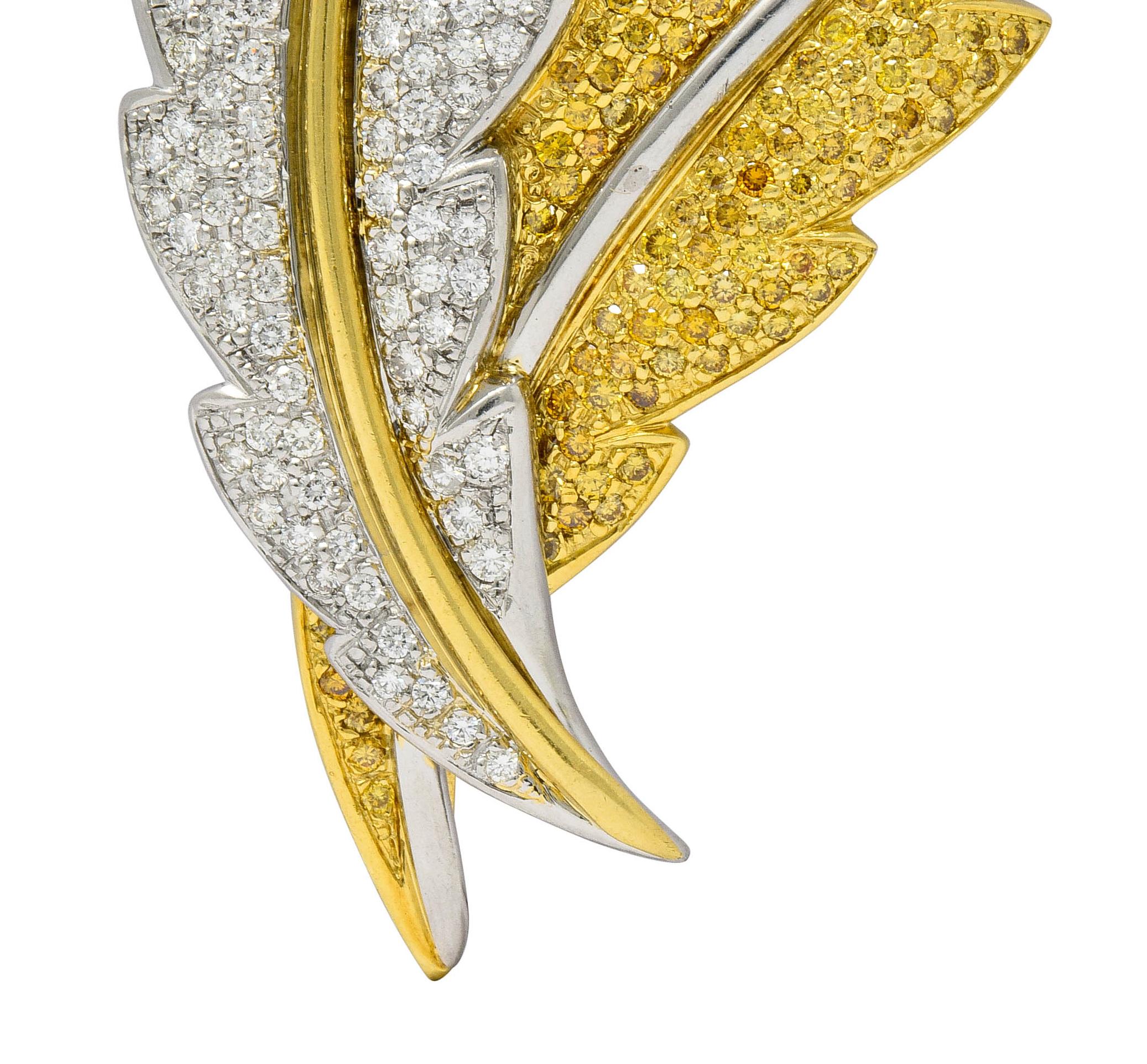 1990s Vintage 8.00 Carat Gold Diamond Platinum 18 Karat Gold Feather Brooch 1