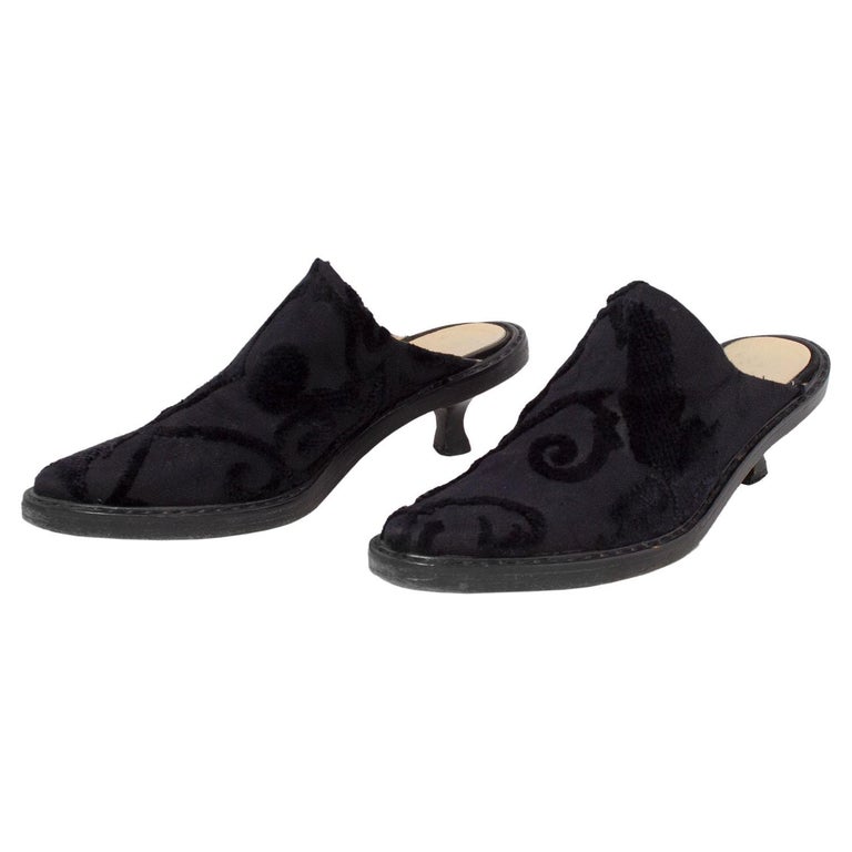 1990's Ann Demeulemeester Black Cut Velvet Kitten Heel Mules For Sale