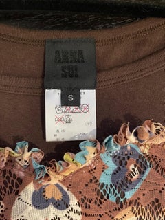 1990s Vintage Anna Sui Brown Heart Crochet Lace Spaghetti Strap 90s Tank Top