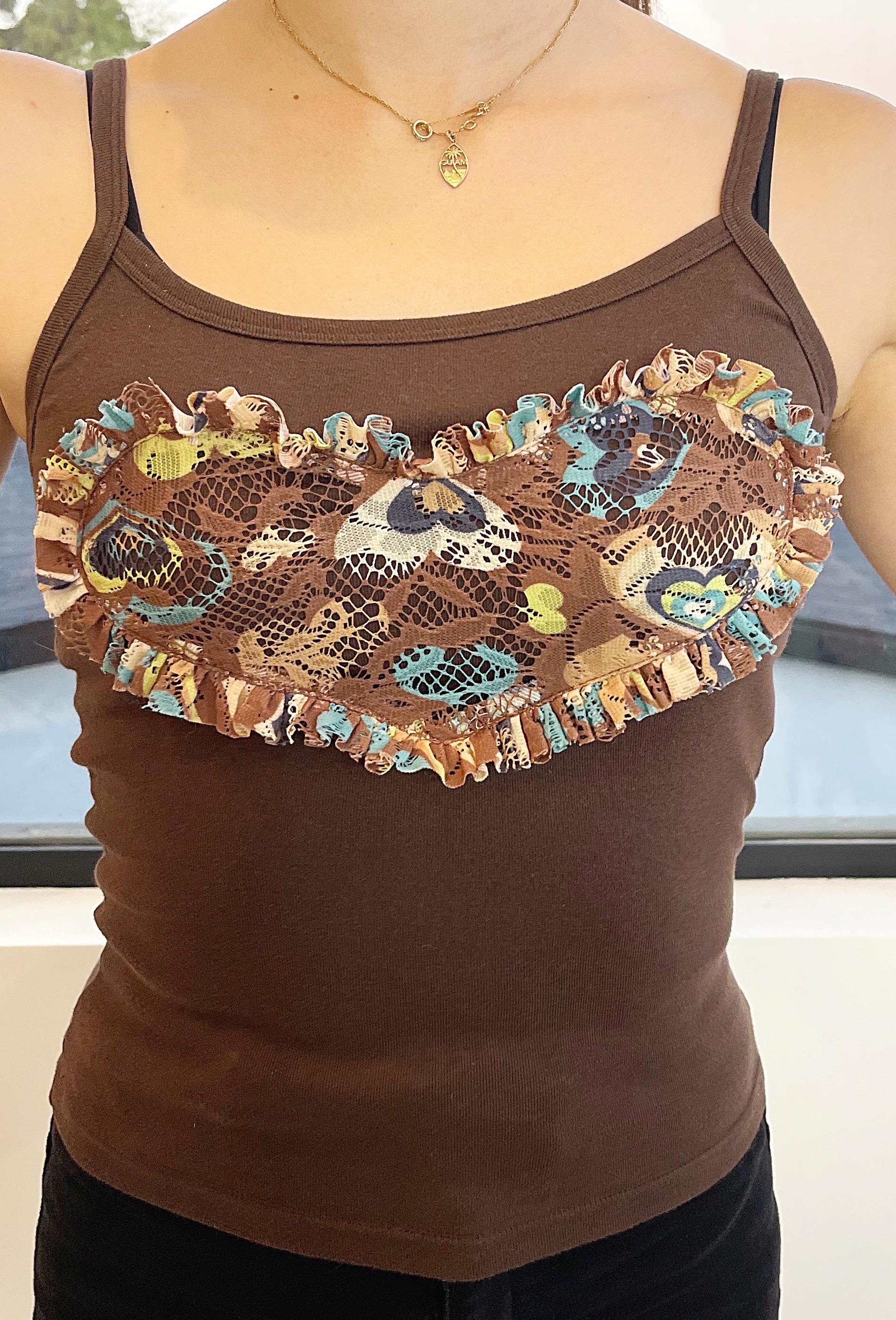 1990s Vintage Anna Sui Brown Heart Crochet Lace Spaghetti Strap 90s Tank Top For Sale 2