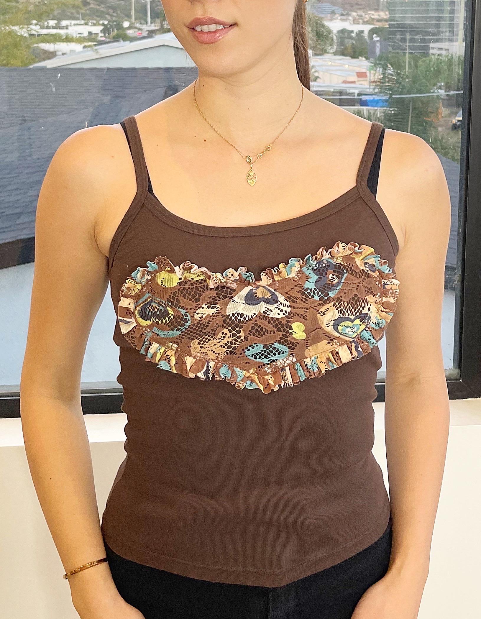 1990s Vintage Anna Sui Brown Heart Crochet Lace Spaghetti Strap 90s Tank Top For Sale 5