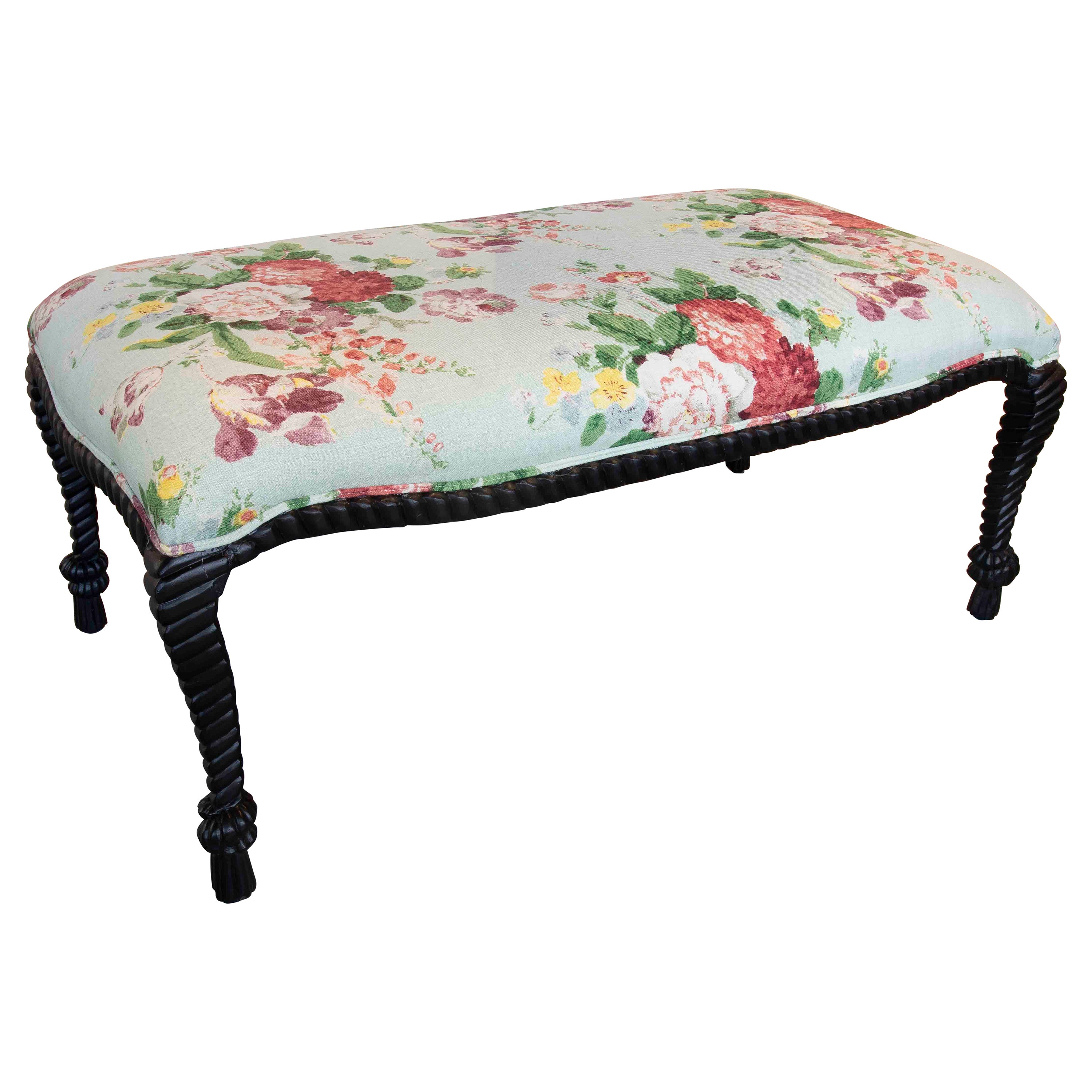Banc vintage des années 1990 avec pieds tournés noirs et tapisserie florale pastel en vente