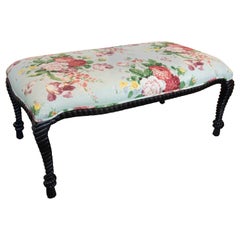 Banc vintage des années 1990 avec pieds tournés noirs et tapisserie florale pastel