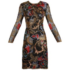 1990s Vintage Black Silk Metallic Gold, Red, Blue Beaded + Sequin Sheath Dress
