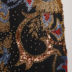 1990s Vintage Black Silk Metallic Gold, Red, Blue Beaded + Sequin Sheath Dress