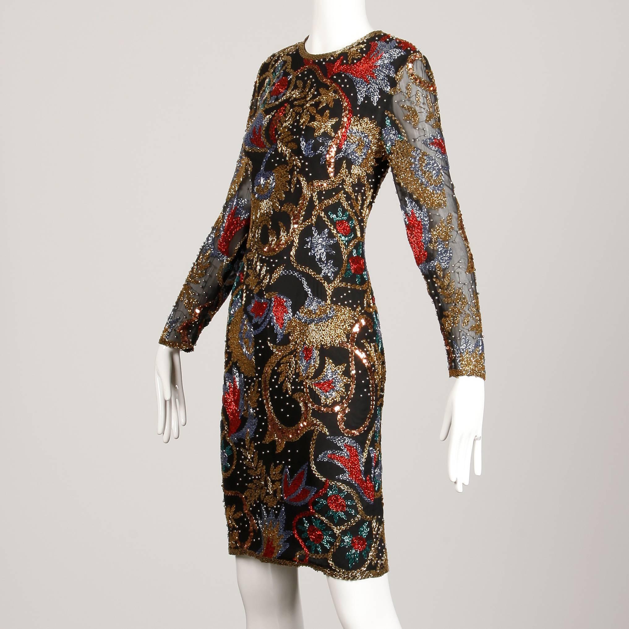 1990s Vintage Black Silk Metallic Gold, Red, Blue Beaded + Sequin Sheath Dress 1