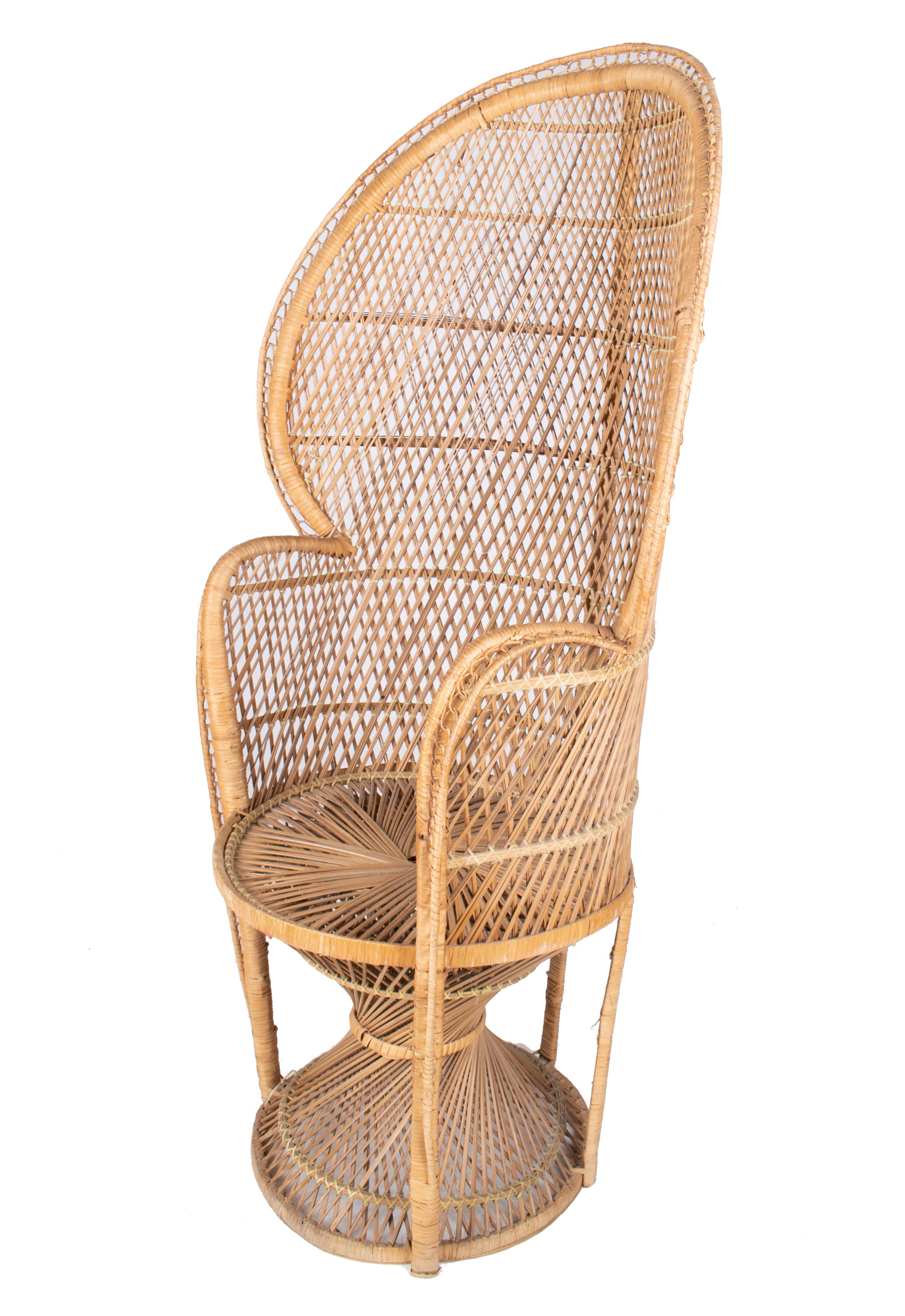 1990s vintage bohemian Emmanuelle peacock wicker chair.