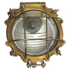 1990s Vintage Brass Ship Light with Cage and Glass Shade